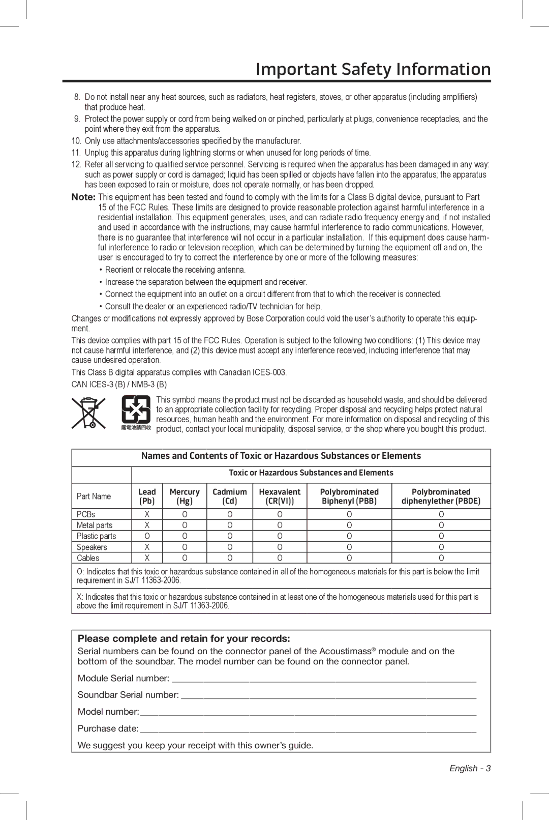 Bose CineMate 15/10 manual Please complete and retain for your records 