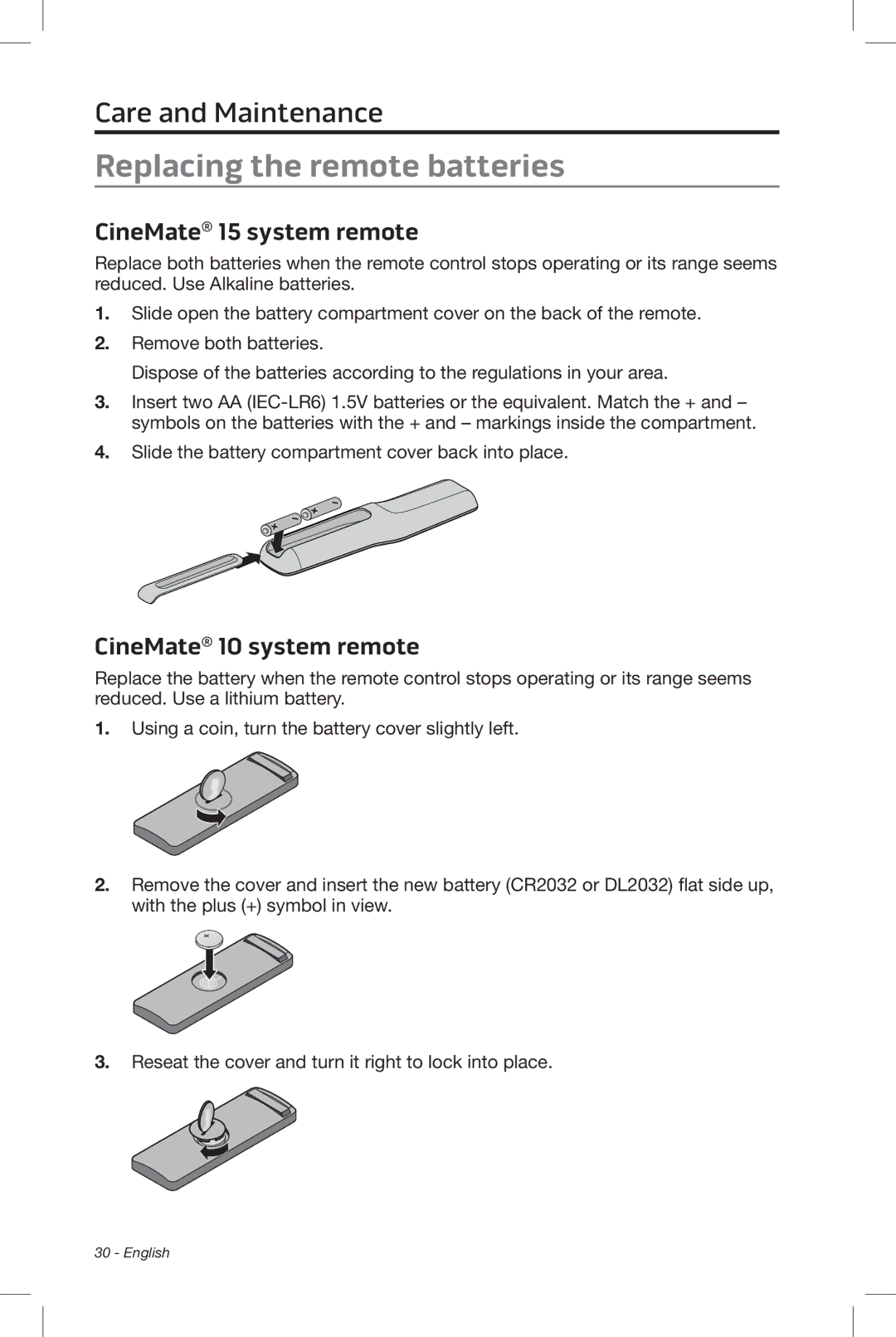 Bose CineMate 15/10 manual Replacing the remote batteries, CineMate 15 system remote, CineMate 10 system remote 