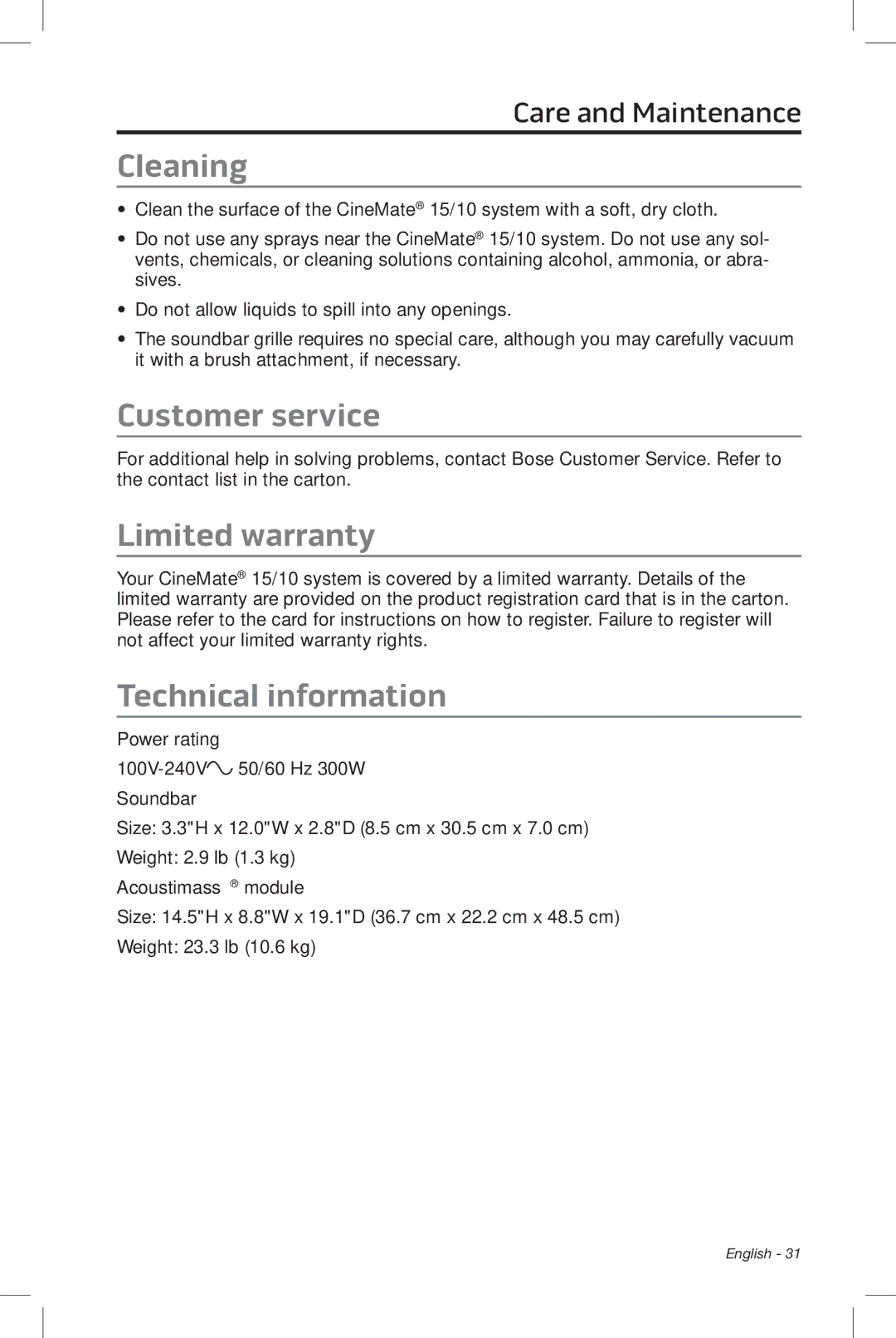 Bose CineMate 15/10 manual Cleaning, Customer service, Limited warranty, Technical information 