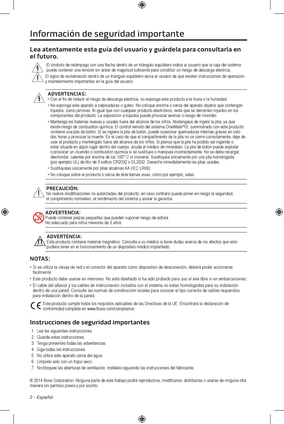 Bose CineMate 15/10 manual Información de seguridad importante, Instrucciones de seguridad importantes 