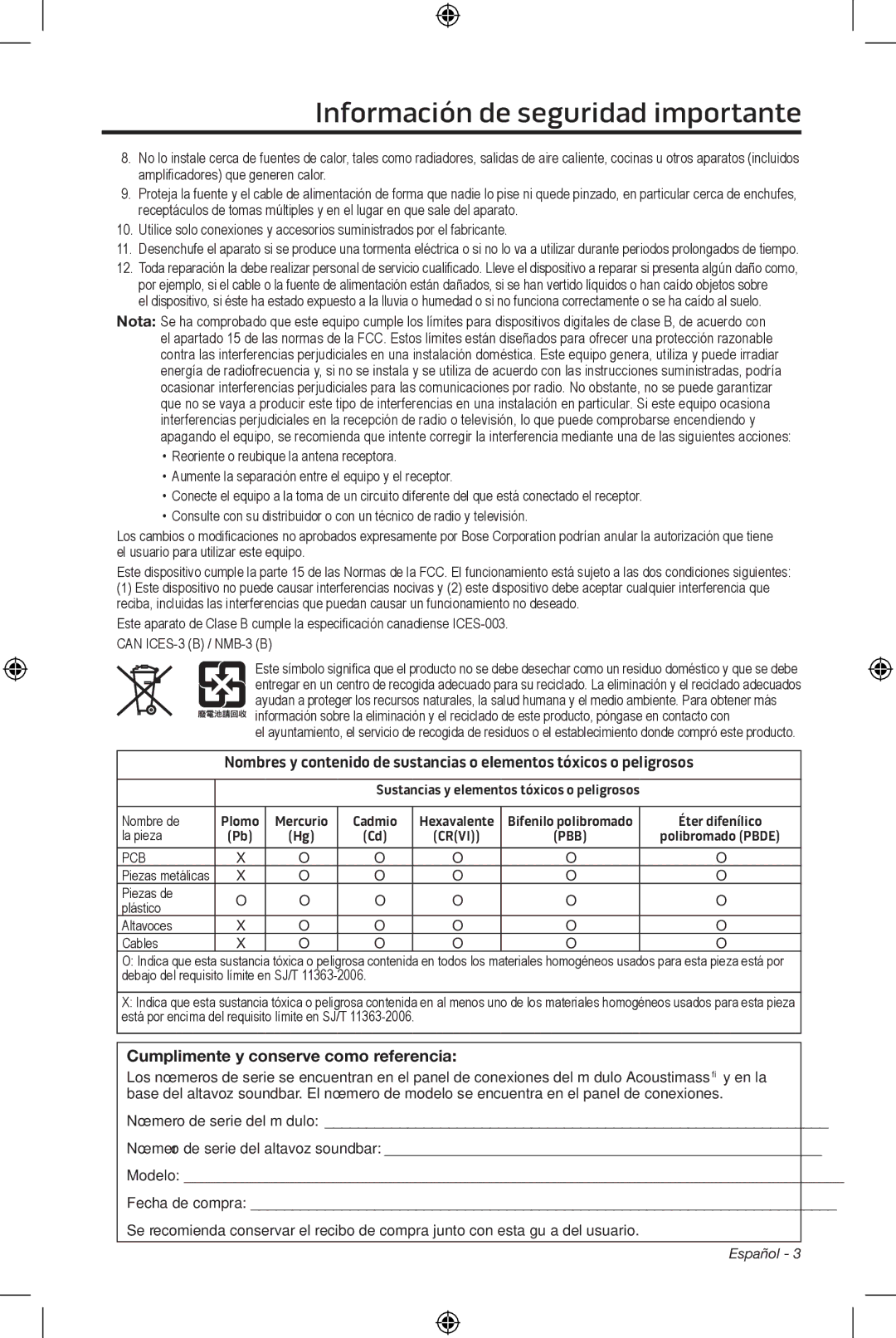 Bose CineMate 15/10 manual Cumplimente y conserve como referencia 