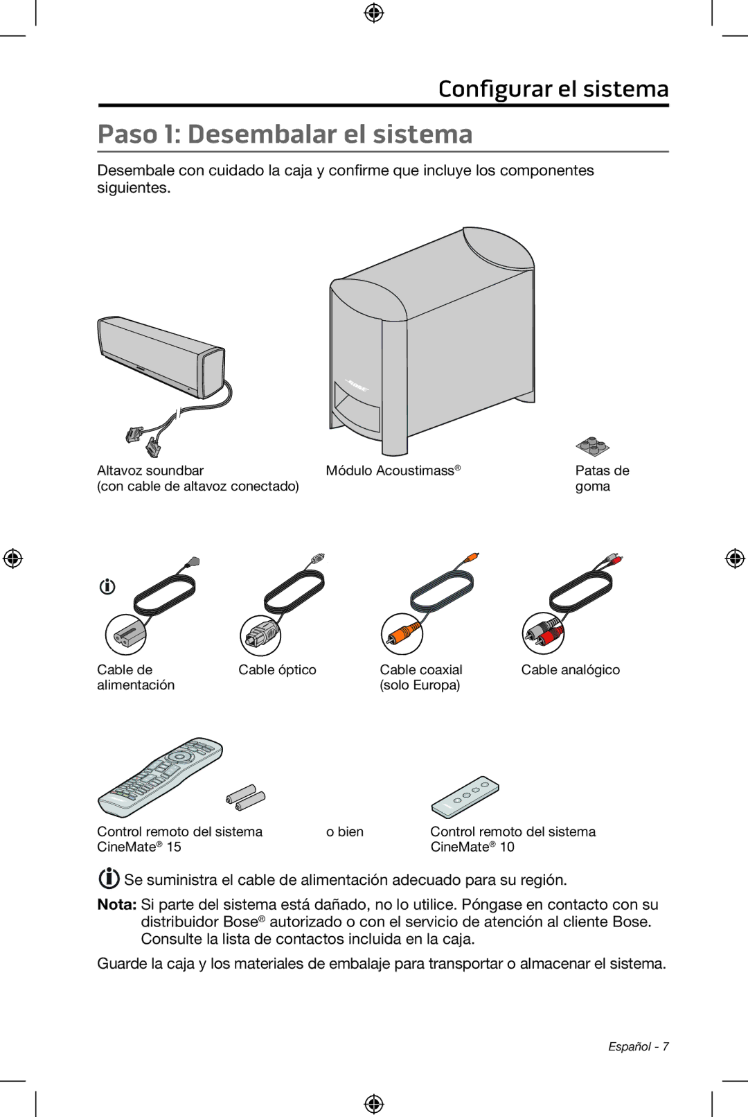 Bose CineMate 15/10 manual Paso 1 Desembalar el sistema 