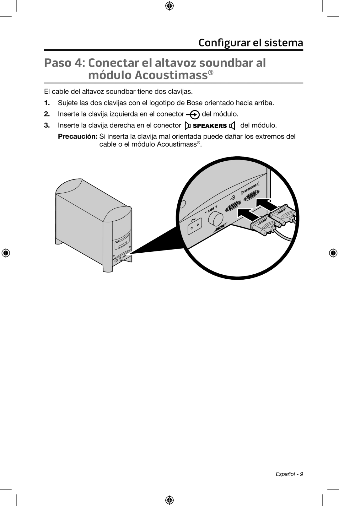 Bose CineMate 15/10 manual Paso 4 Conectar el altavoz soundbar al módulo Acoustimass 
