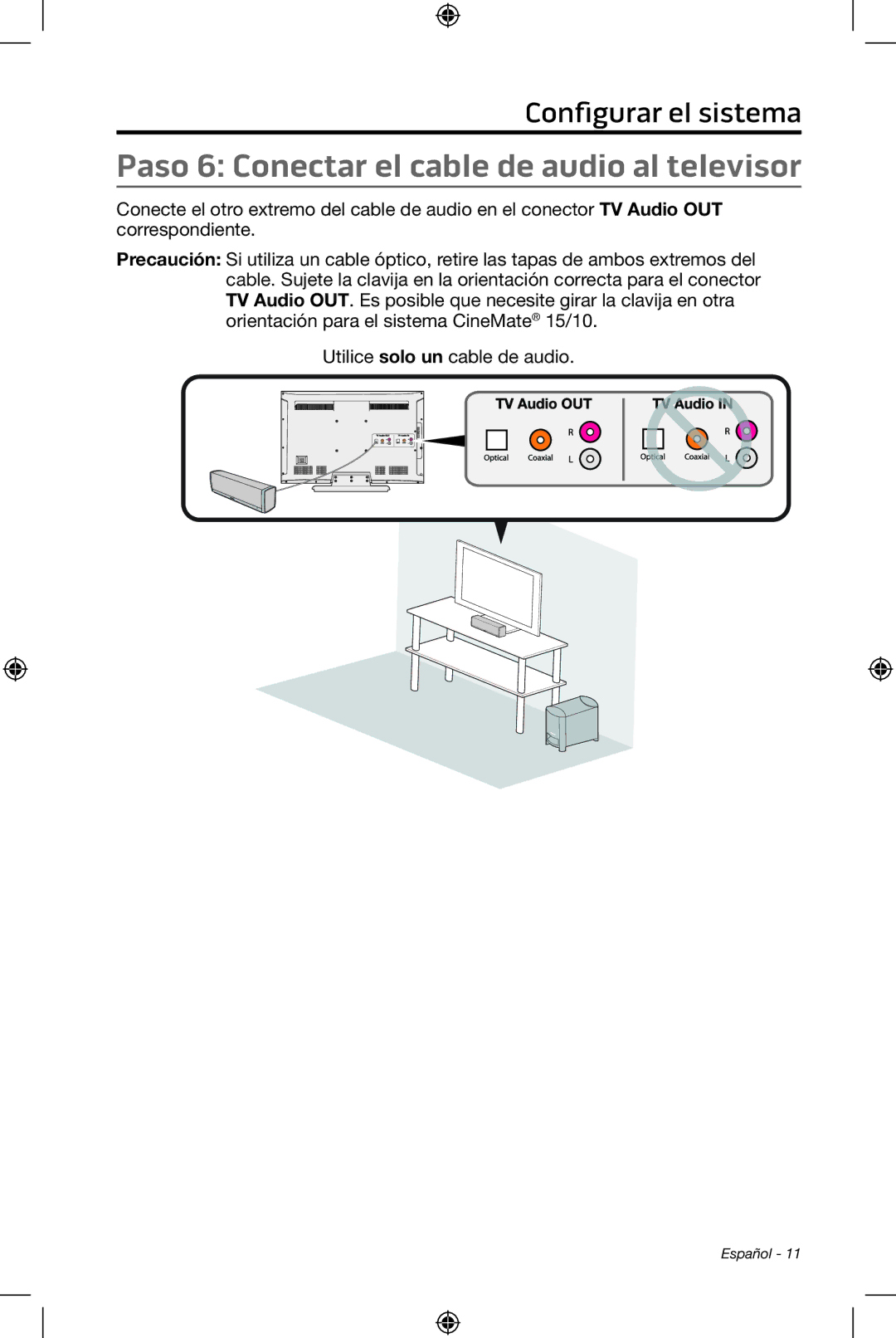 Bose CineMate 15/10 manual Paso 6 Conectar el cable de audio al televisor 