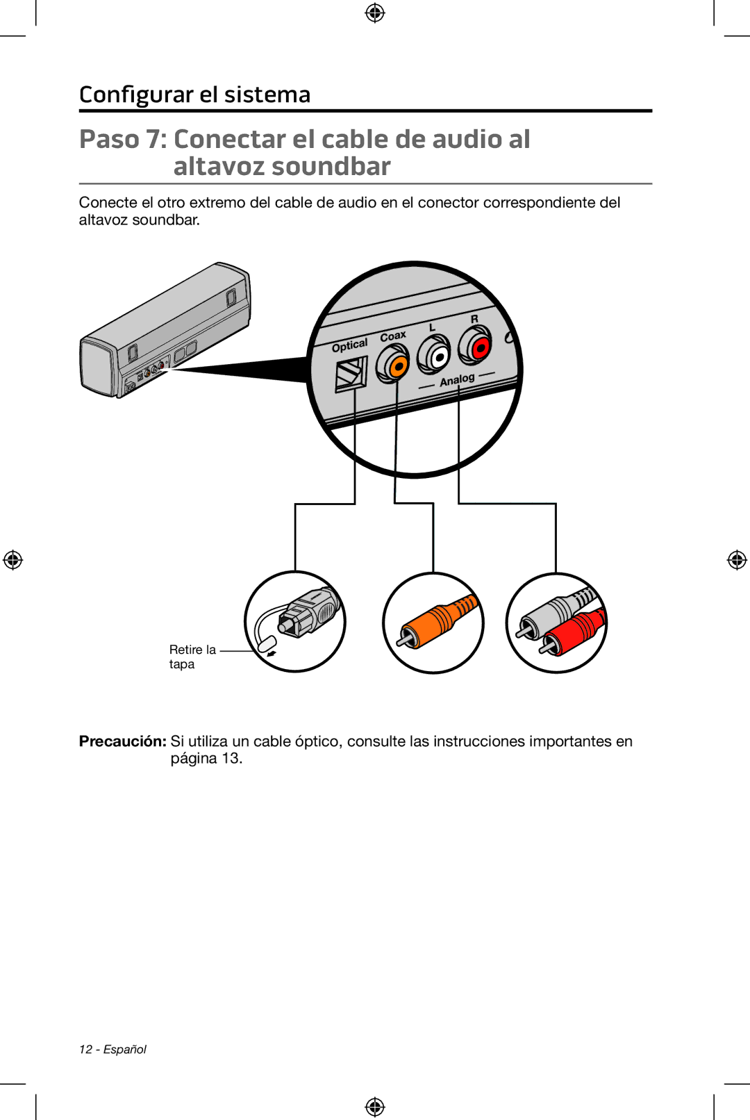 Bose CineMate 15/10 manual Paso 7 Conectar el cable de audio al altavoz soundbar 