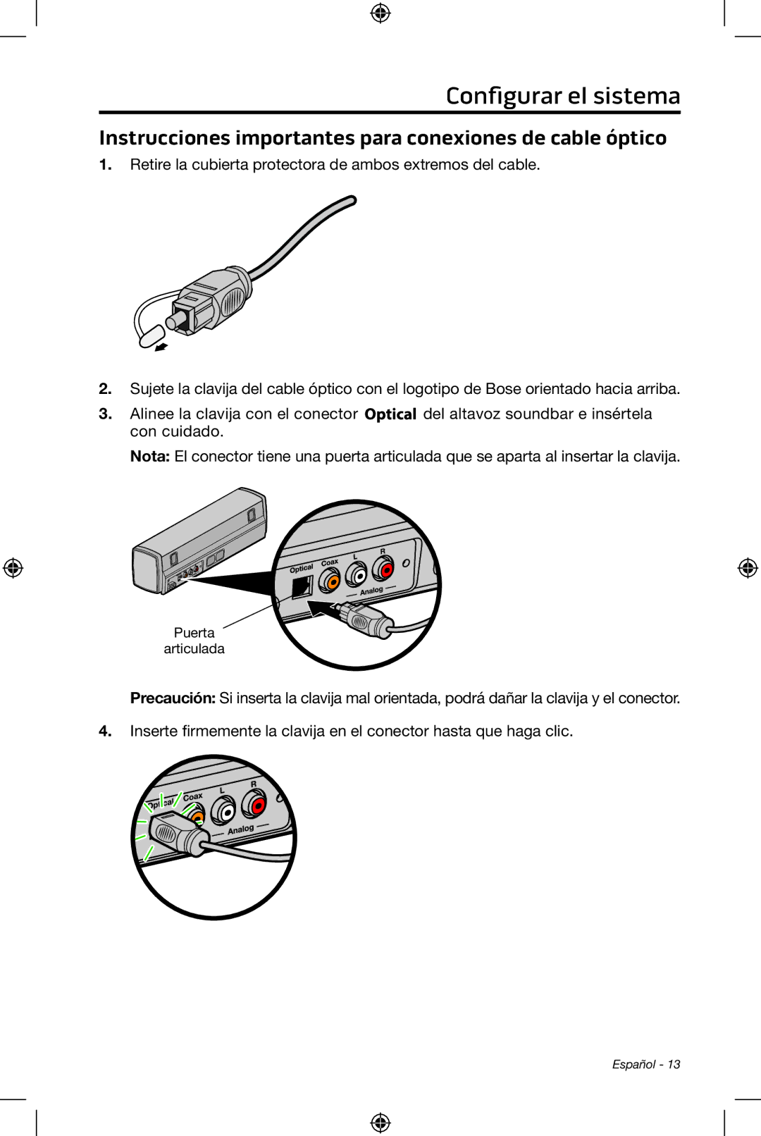 Bose CineMate 15/10 manual Instrucciones importantes para conexiones de cable óptico 