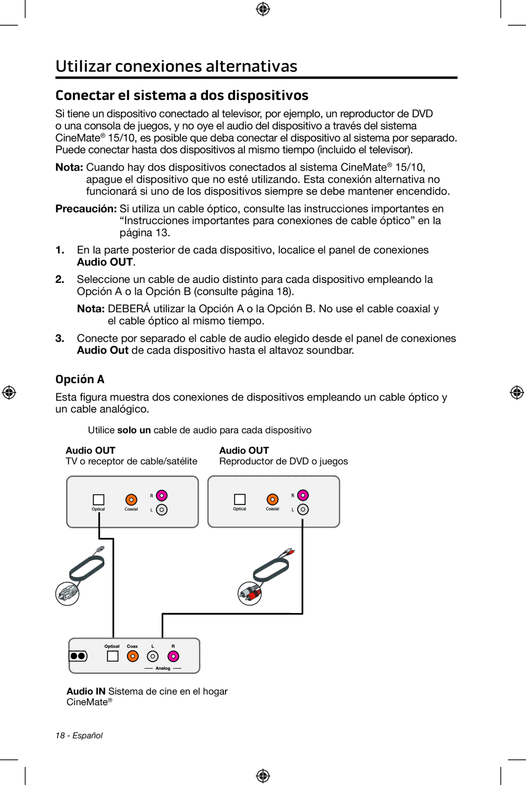 Bose CineMate 15/10 manual Conectar el sistema a dos dispositivos, Opción a 