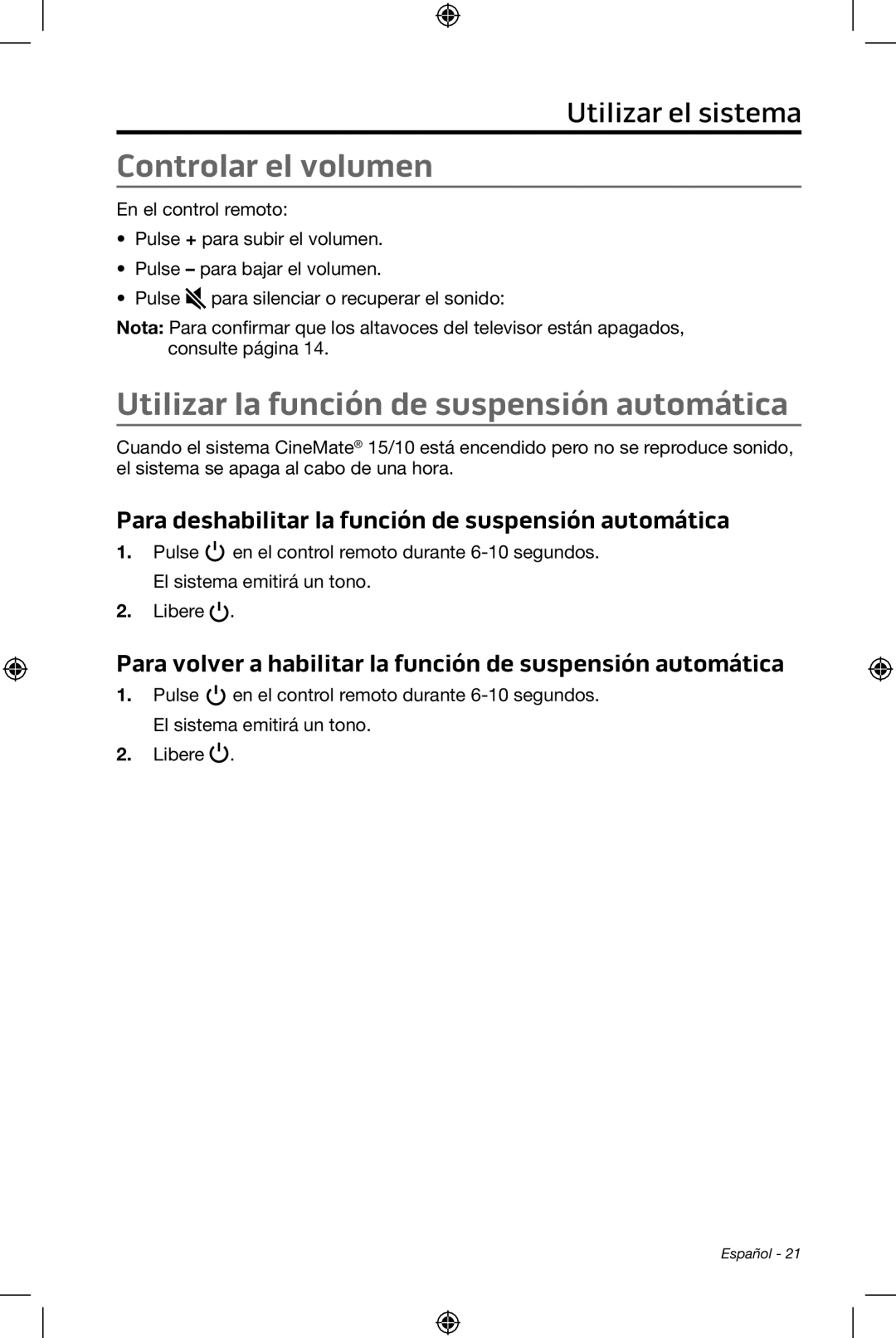 Bose CineMate 15/10 manual Controlar el volumen, Utilizar la función de suspensión automática 