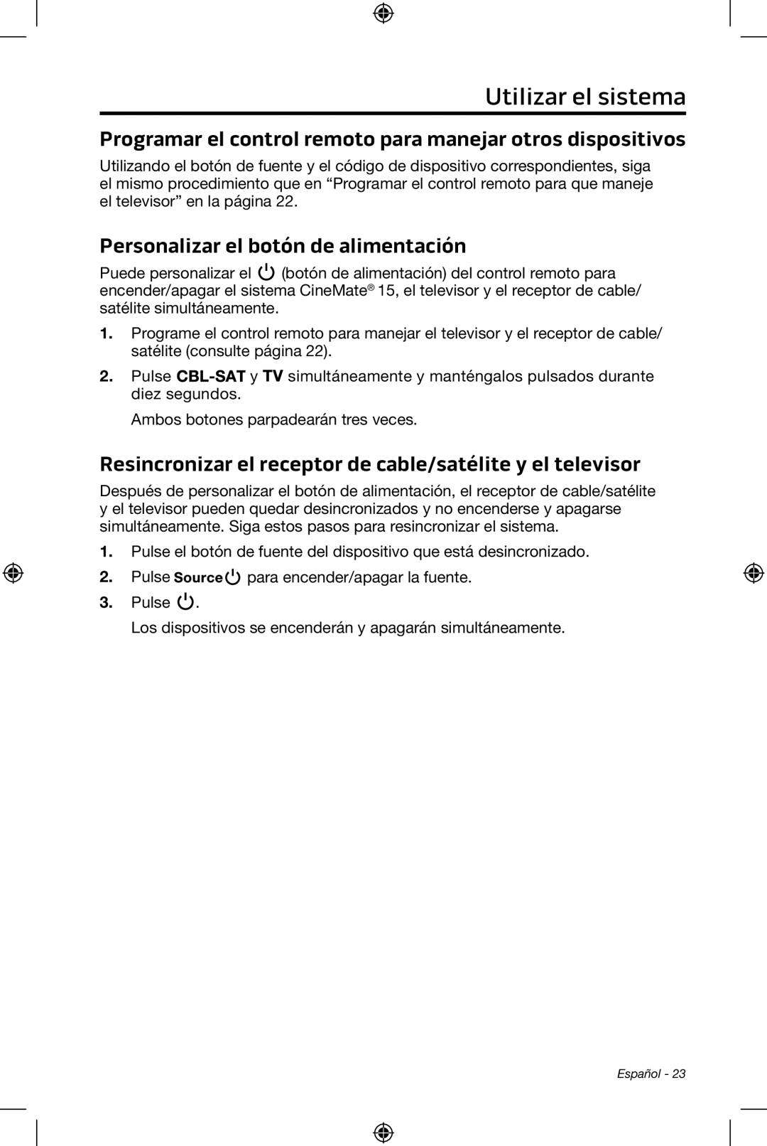 Bose CineMate 15/10 Programar el control remoto para manejar otros dispositivos, Personalizar el botón de alimentación 