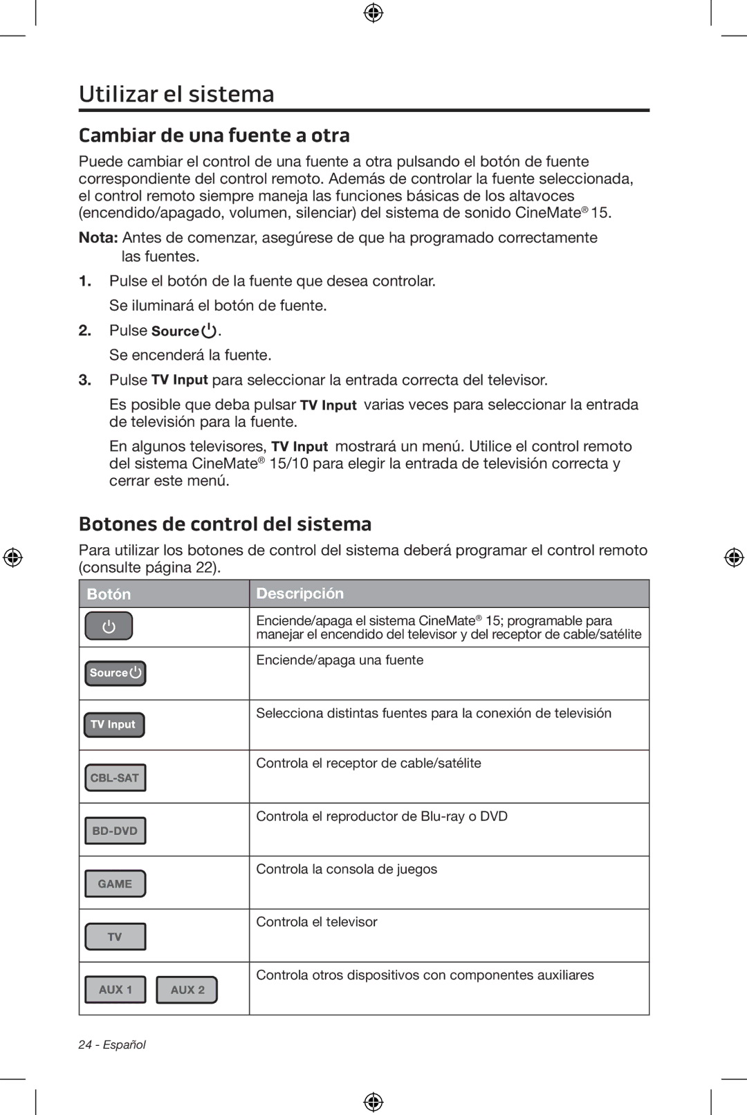 Bose CineMate 15/10 manual Cambiar de una fuente a otra, Botones de control del sistema, Botón Descripción 