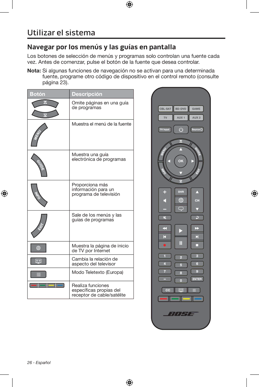 Bose CineMate 15/10 manual Navegar por los menús y las guías en pantalla 