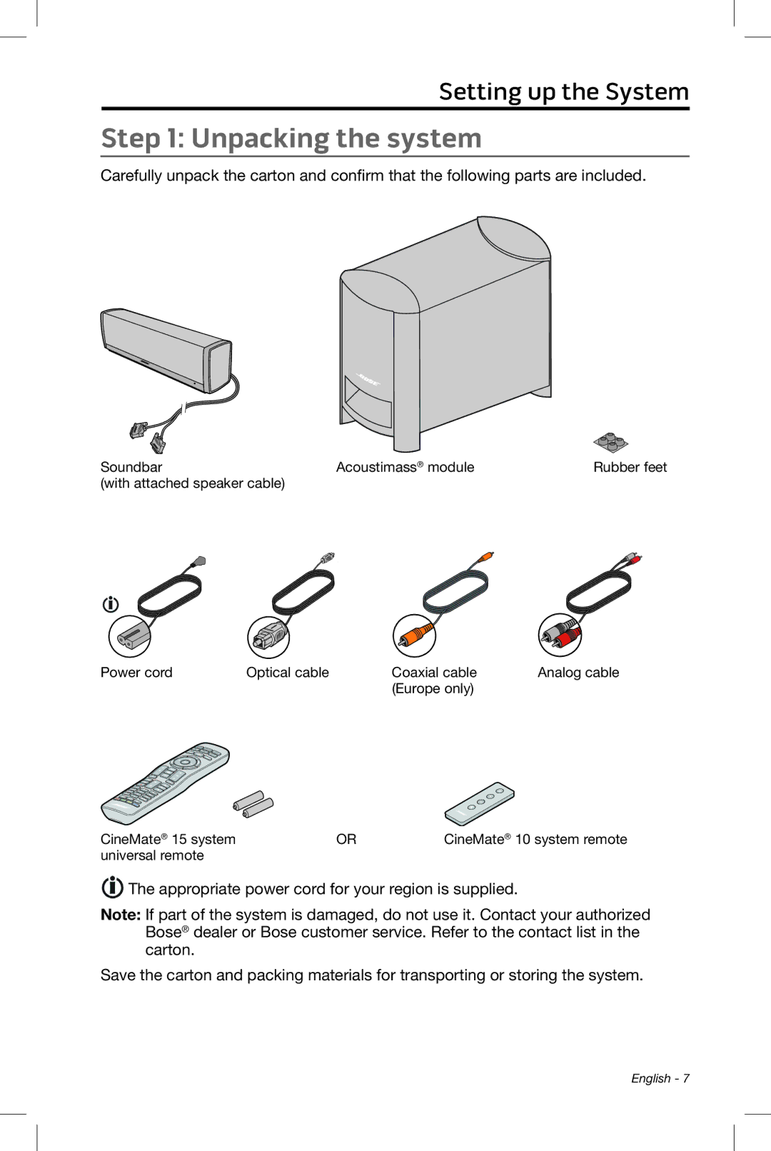 Bose CineMate 15/10 manual Unpacking the system 