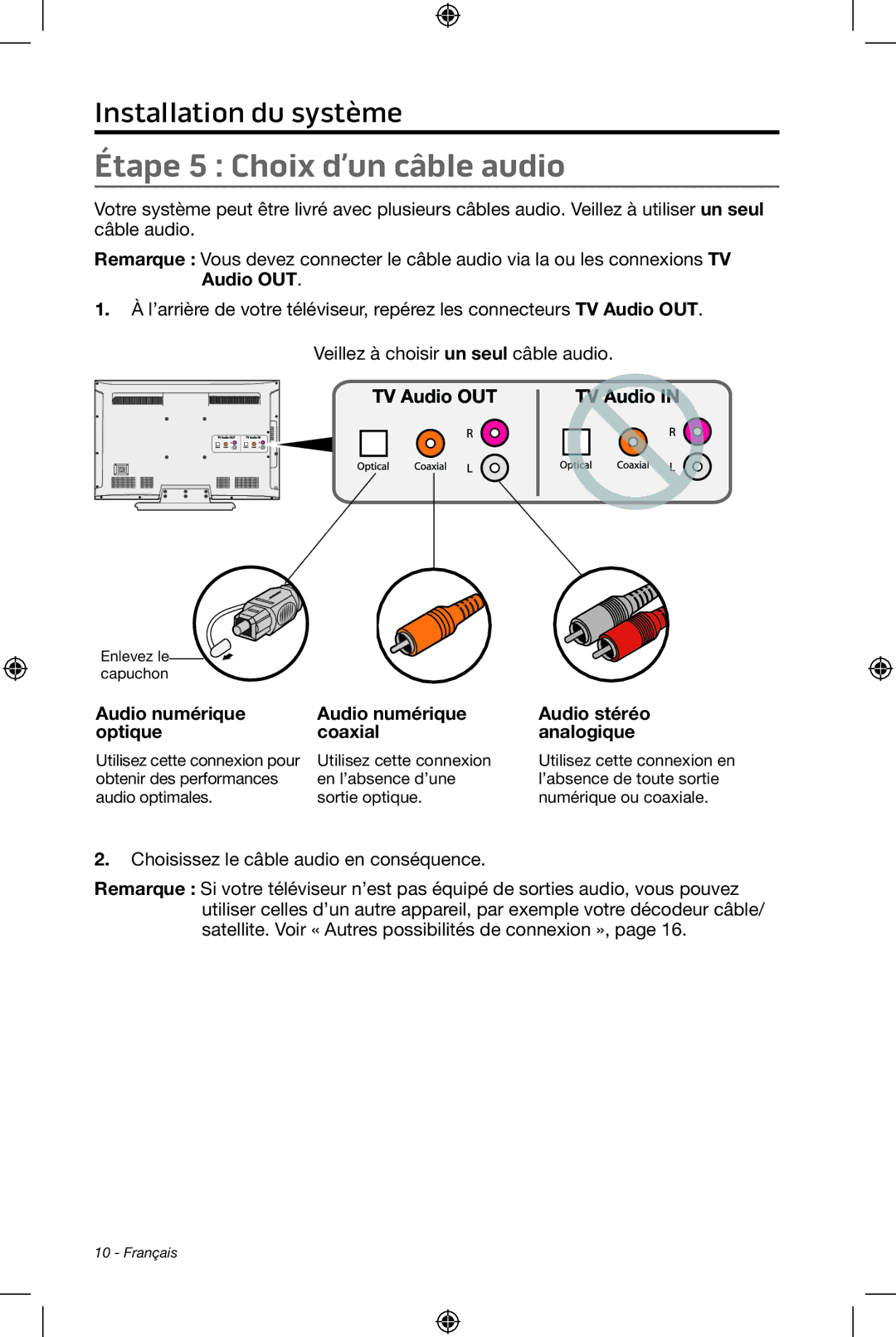 Bose CineMate 15/10 manual Étape 5 Choix d’un câble audio, Audio numérique Audio stéréo Optique Coaxial Analogique 