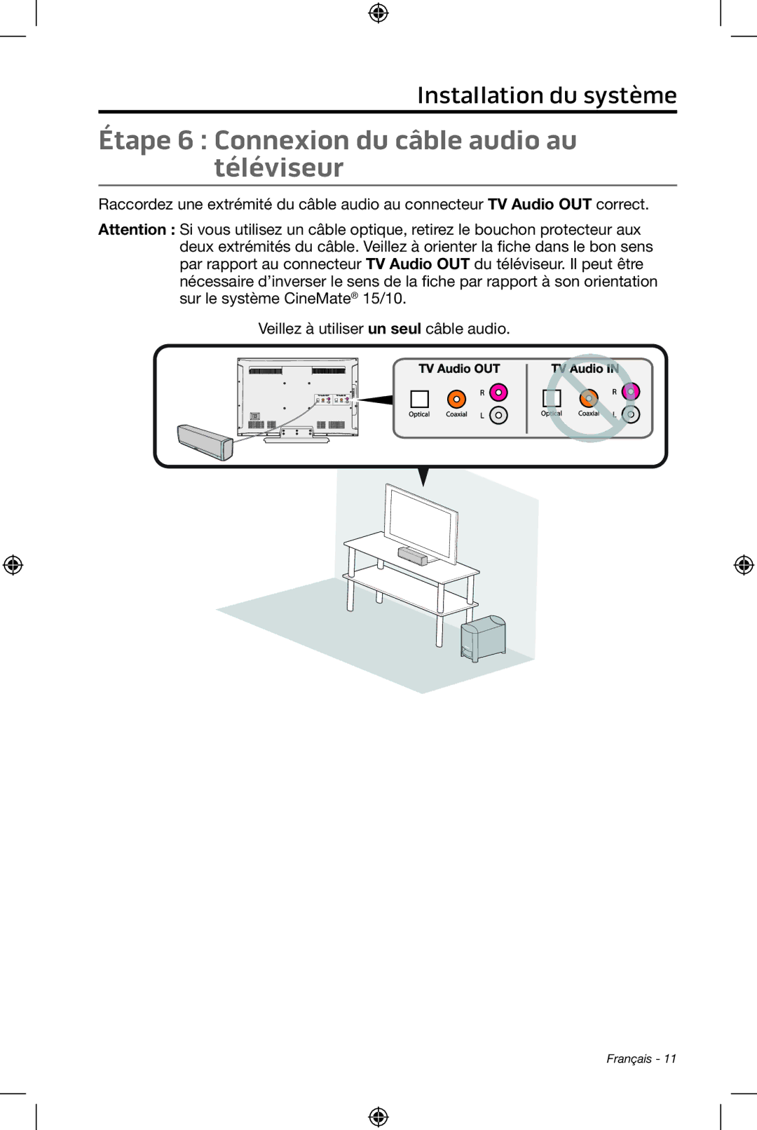 Bose CineMate 15/10 manual Étape 6 Connexion du câble audio au téléviseur 