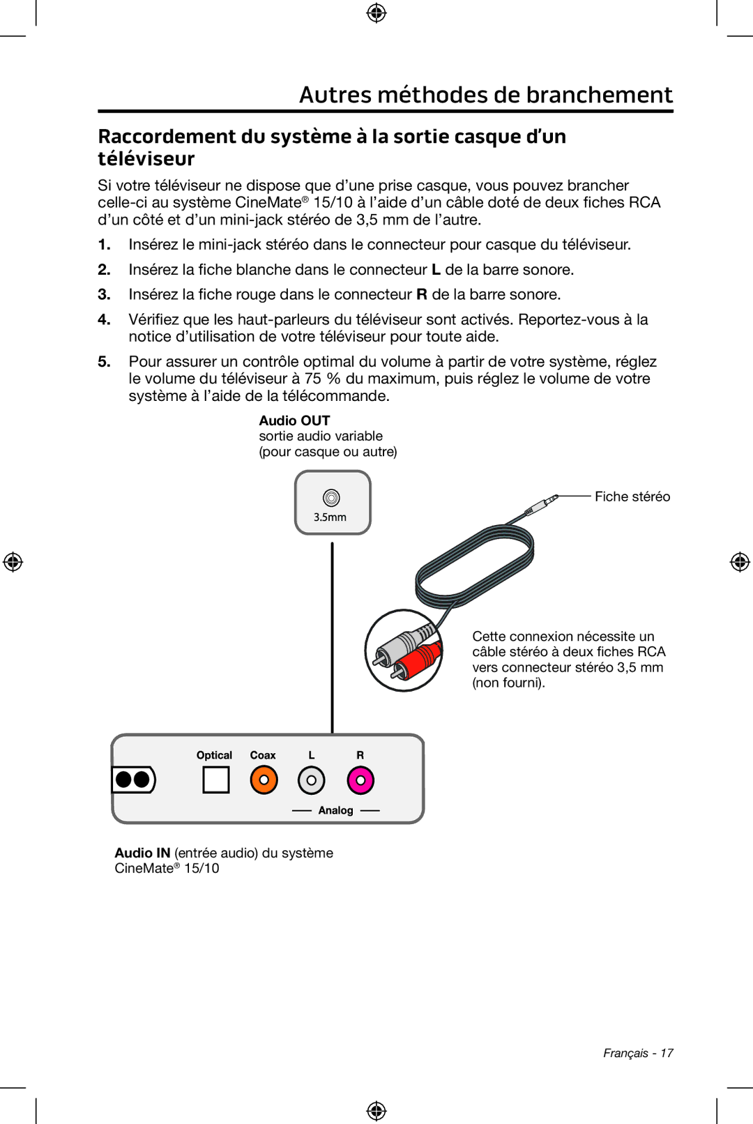 Bose CineMate 15/10 manual Raccordement du système à la sortie casque d’un téléviseur 