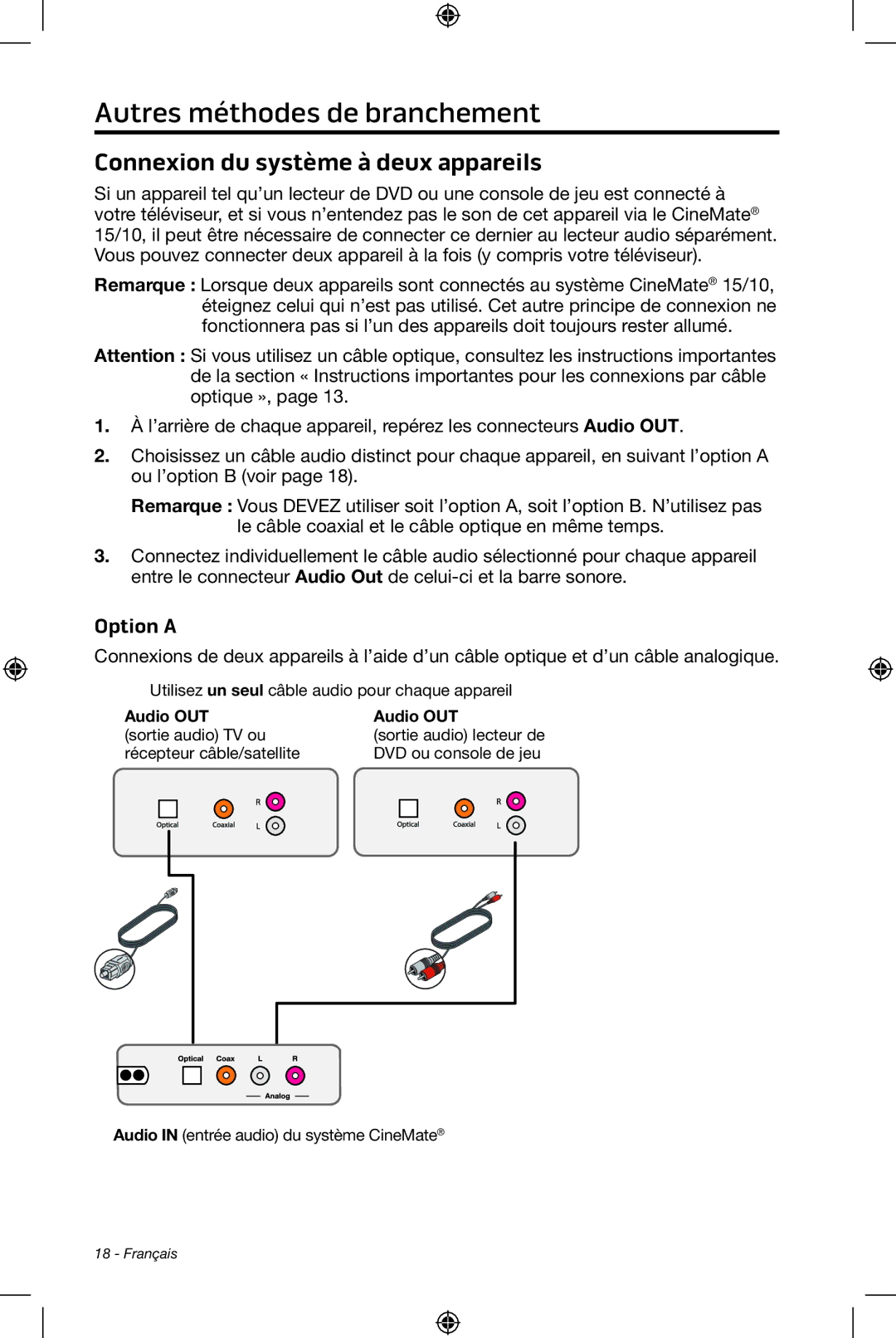 Bose CineMate 15/10 manual Connexion du système à deux appareils, Option a 