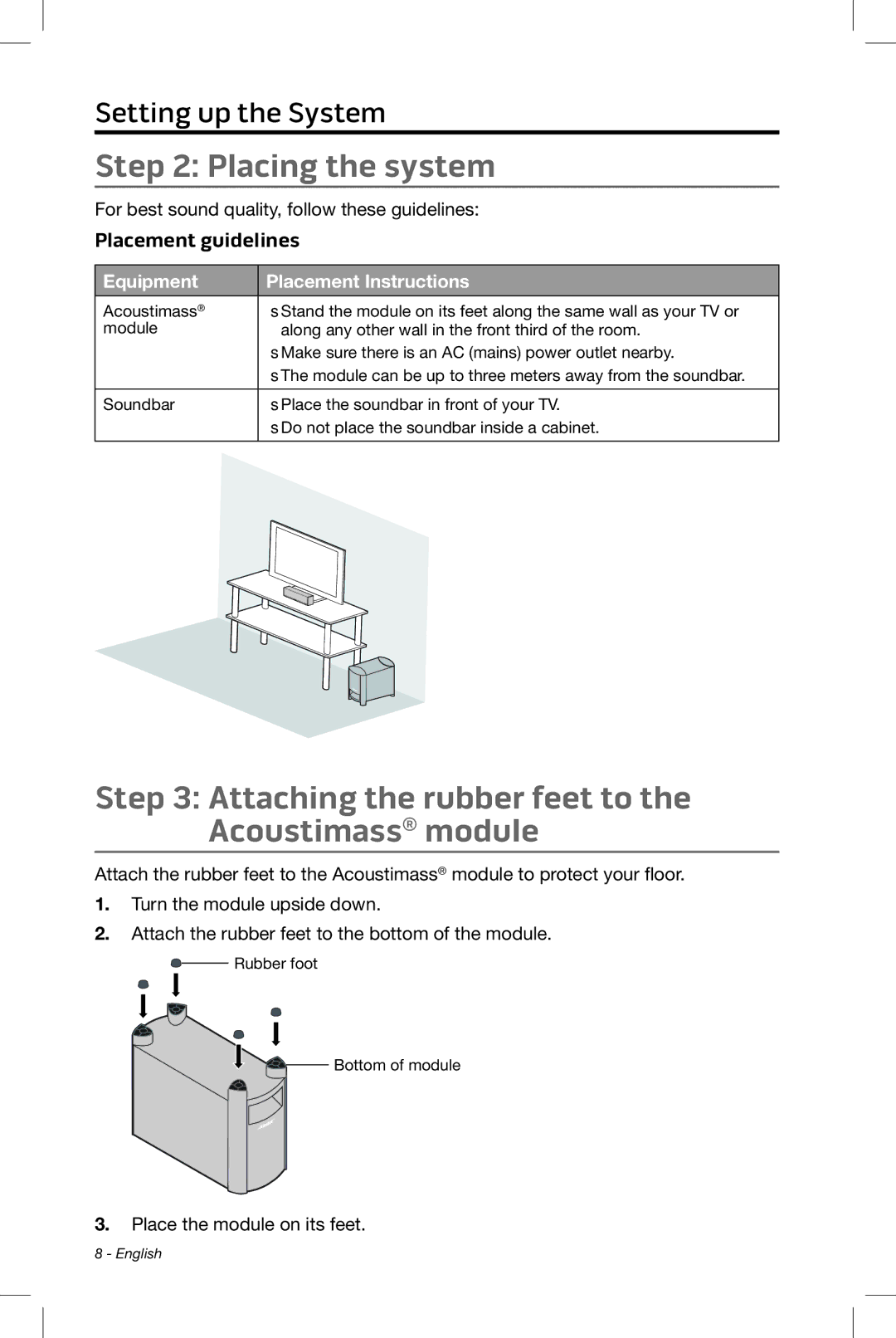 Bose CineMate 15/10 manual Placing the system, Attaching the rubber feet to the Acoustimass module, Placement guidelines 