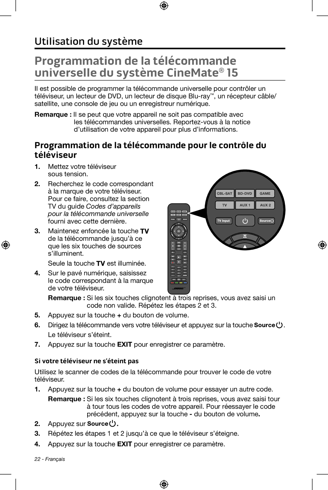 Bose CineMate 15/10 manual Si votre téléviseur ne s’éteint pas 