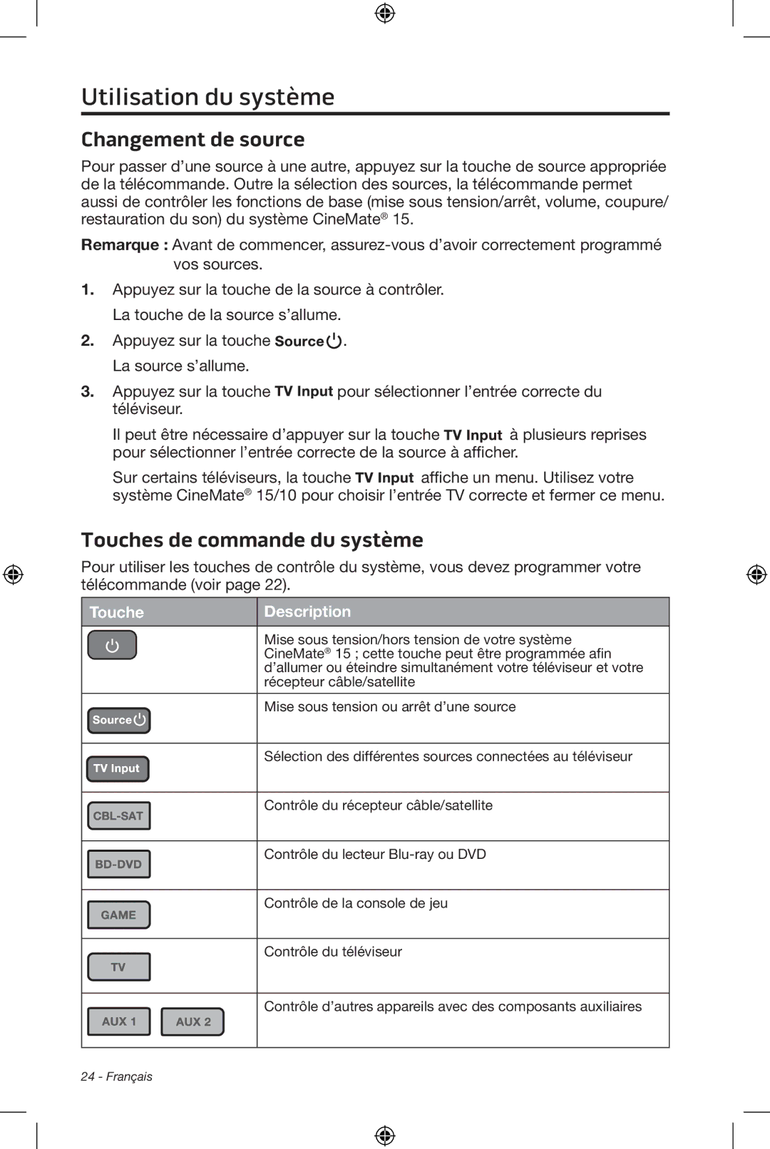 Bose CineMate 15/10 manual Changement de source, Touches de commande du système, Touche Description 