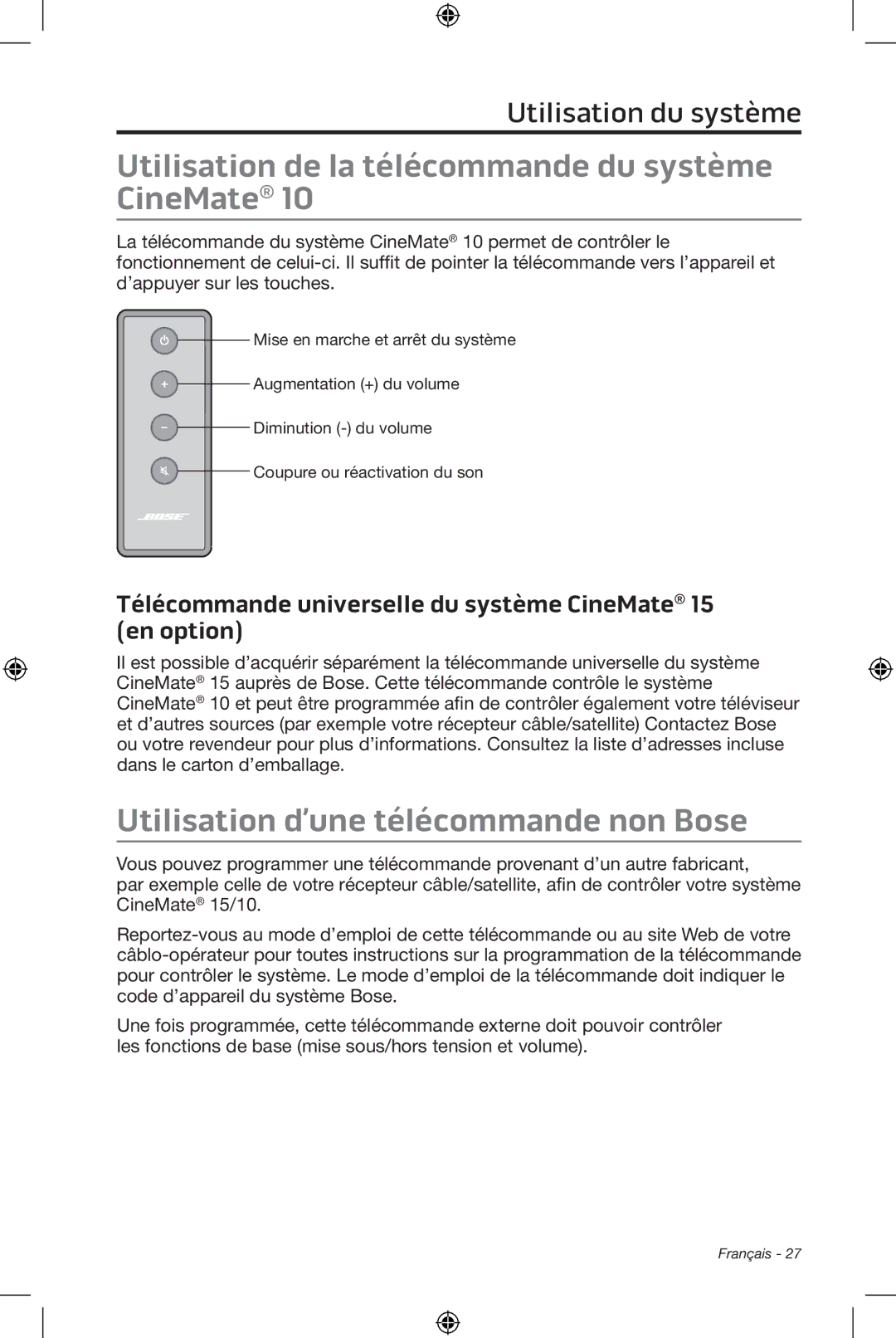 Bose CineMate 15/10 manual Utilisation de la télécommande du système CineMate, Utilisation d’une télécommande non Bose 