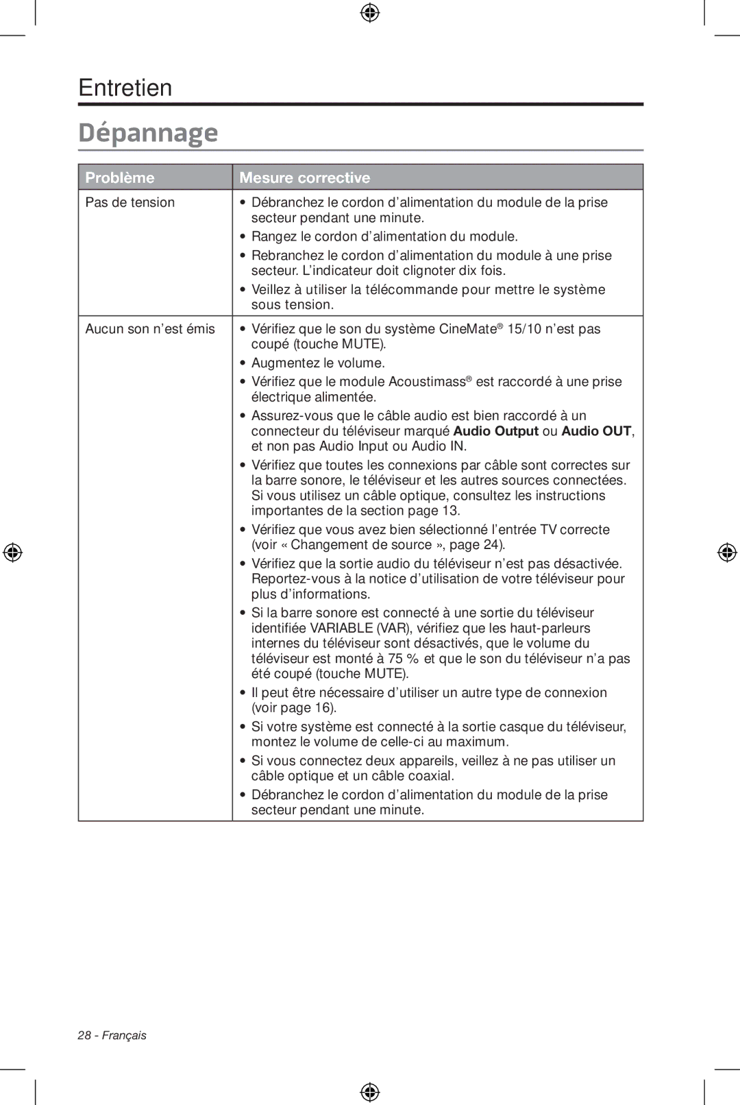 Bose CineMate 15/10 manual Dépannage, Problème Mesure corrective 