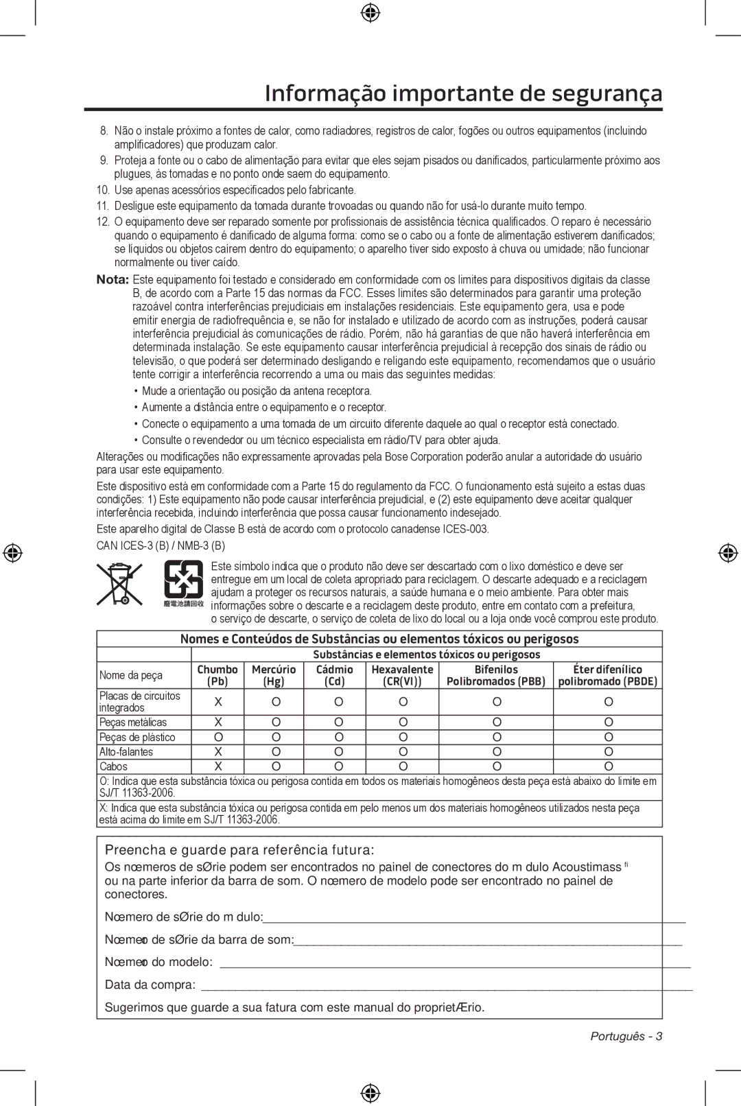 Bose CineMate 15/10 manual Preencha e guarde para referência futura 