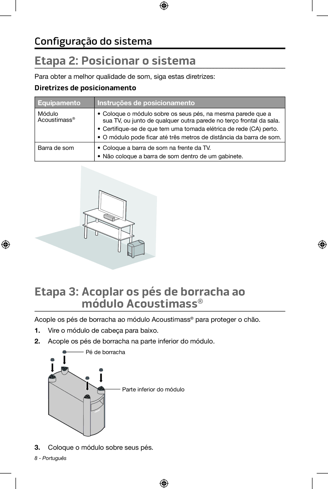 Bose CineMate 15/10 manual Etapa 2 Posicionar o sistema, Etapa 3 Acoplar os pés de borracha ao módulo Acoustimass 