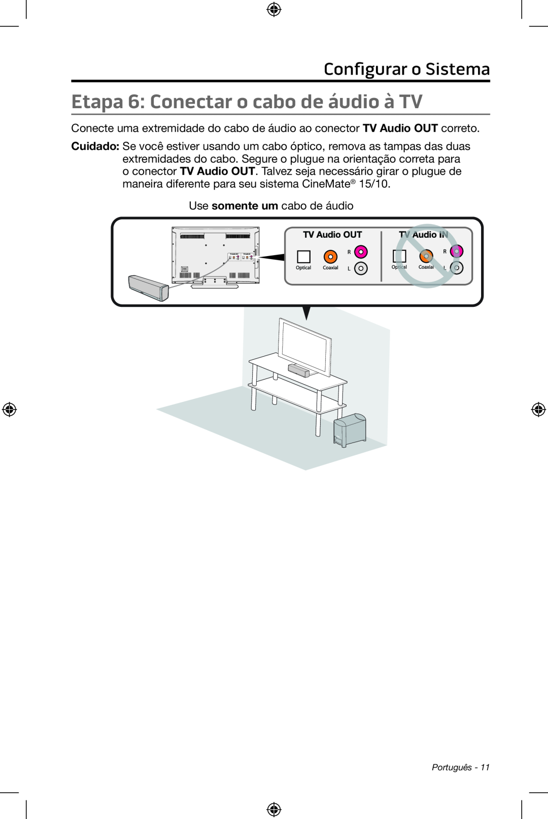 Bose CineMate 15/10 manual Etapa 6: Conectar o cabo de áudio à TV, Configurar o Sistema 