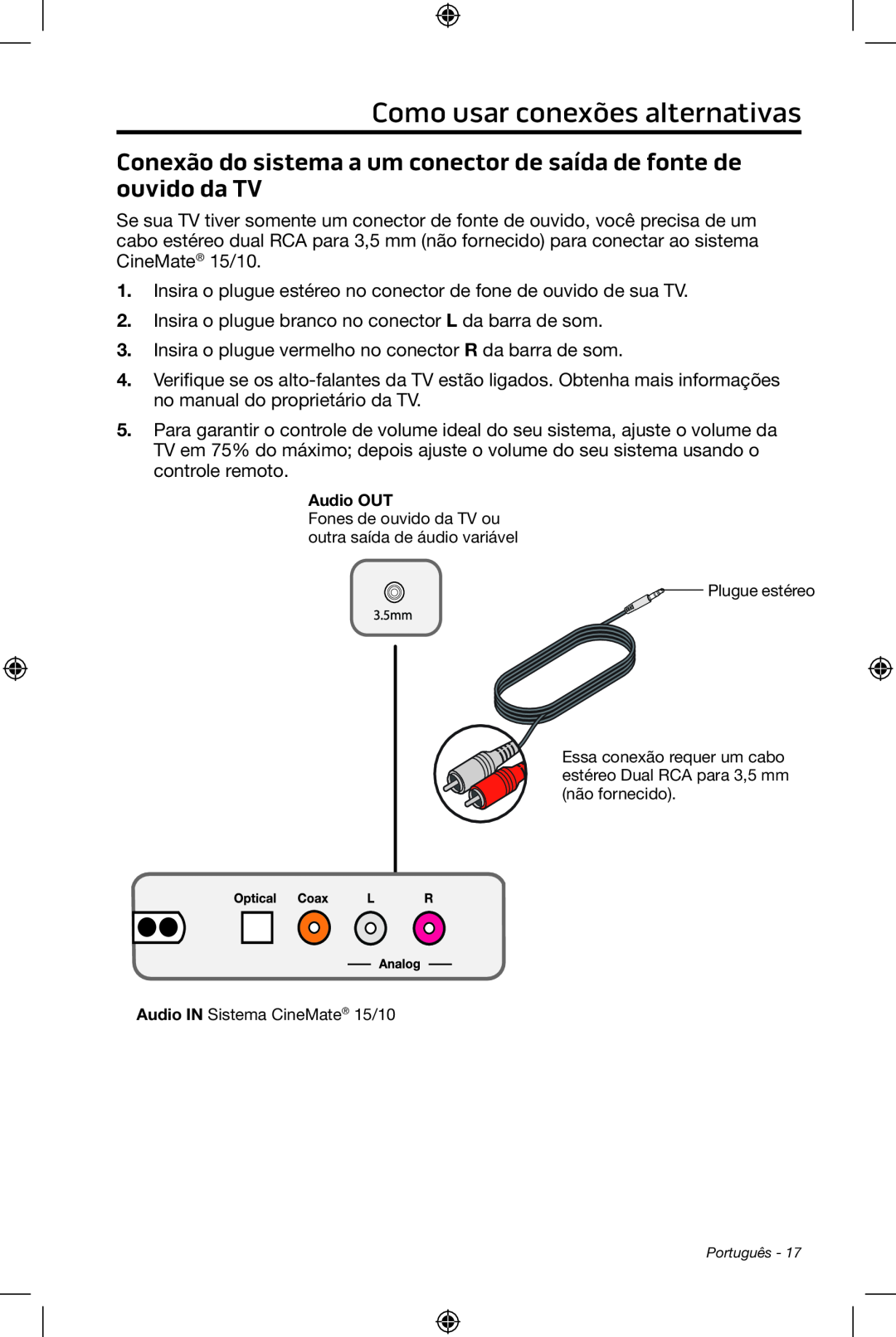 Bose manual Como usar conexões alternativas, Plugue estéreo, Audio IN Sistema CineMate 15/10 