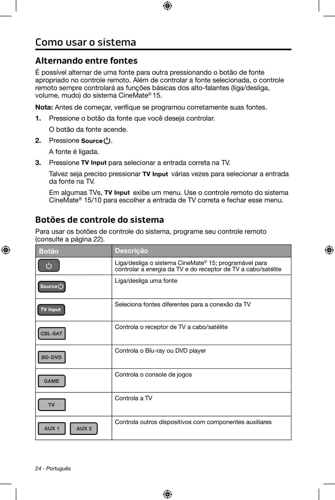Bose CineMate 15/10 manual Como usar o sistema, Alternando entre fontes, Botões de controle do sistema, Botão, Descrição 