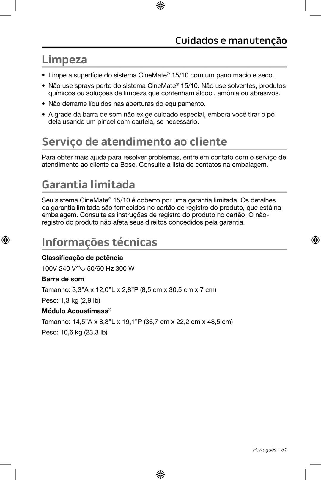 Bose CineMate 15/10 manual Limpeza, Serviço de atendimento ao cliente, Garantia limitada, Informações técnicas 