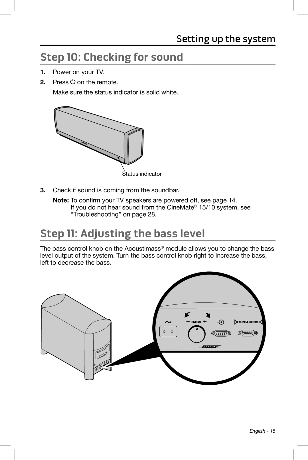 Bose CineMate 15/10 manual Checking for sound, Adjusting the bass level, Setting up the system 