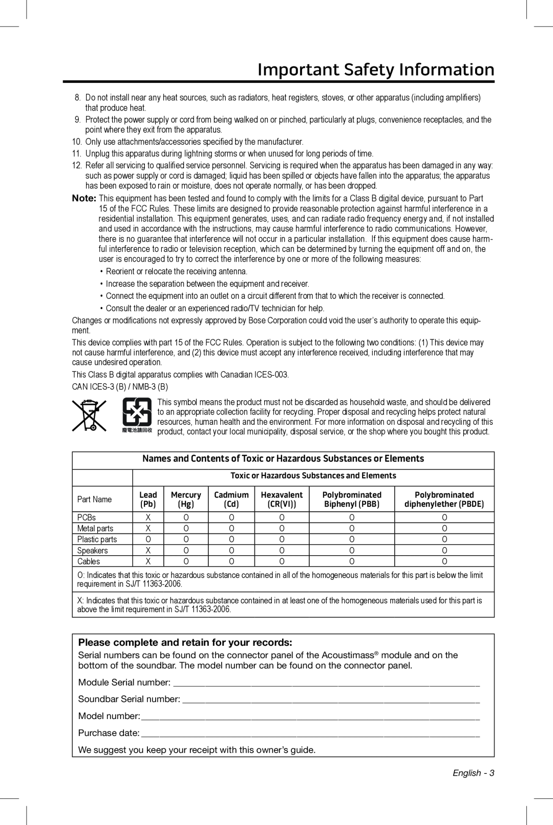 Bose CineMate 15/10 manual Important Safety Information, Please complete and retain for your records 