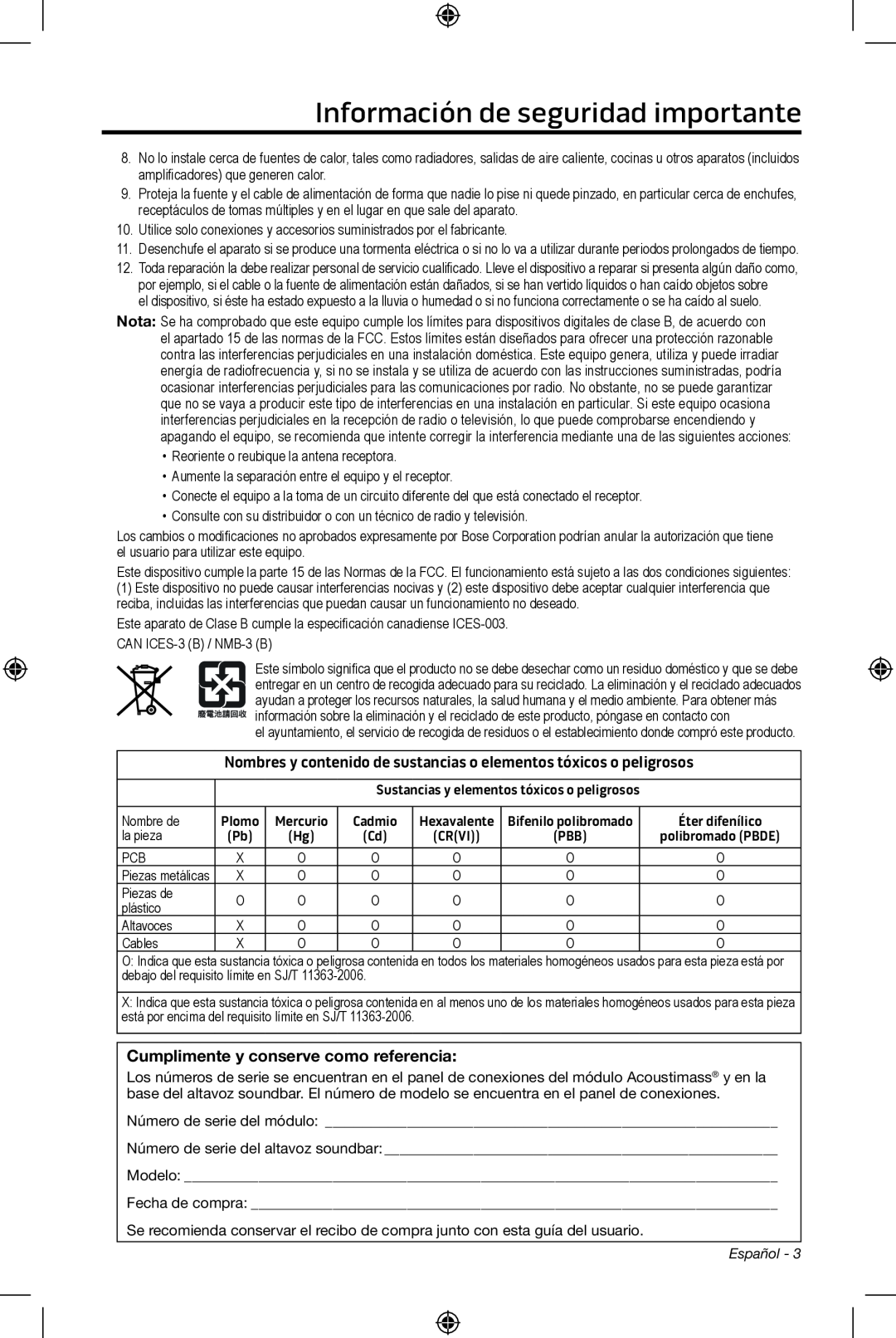 Bose CineMate 15/10 manual Información de seguridad importante, Cumplimente y conserve como referencia 