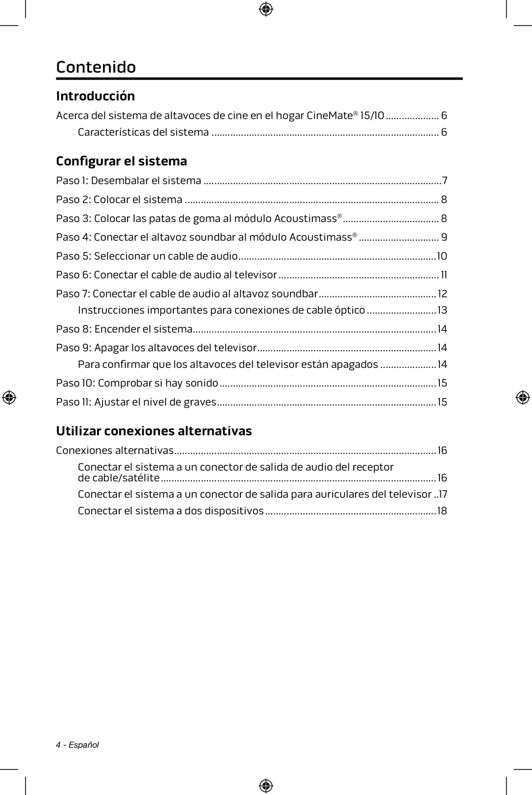 Bose CineMate 15/10 manual Contenido, Introducción, Configurar el sistema, Utilizar conexiones alternativas 