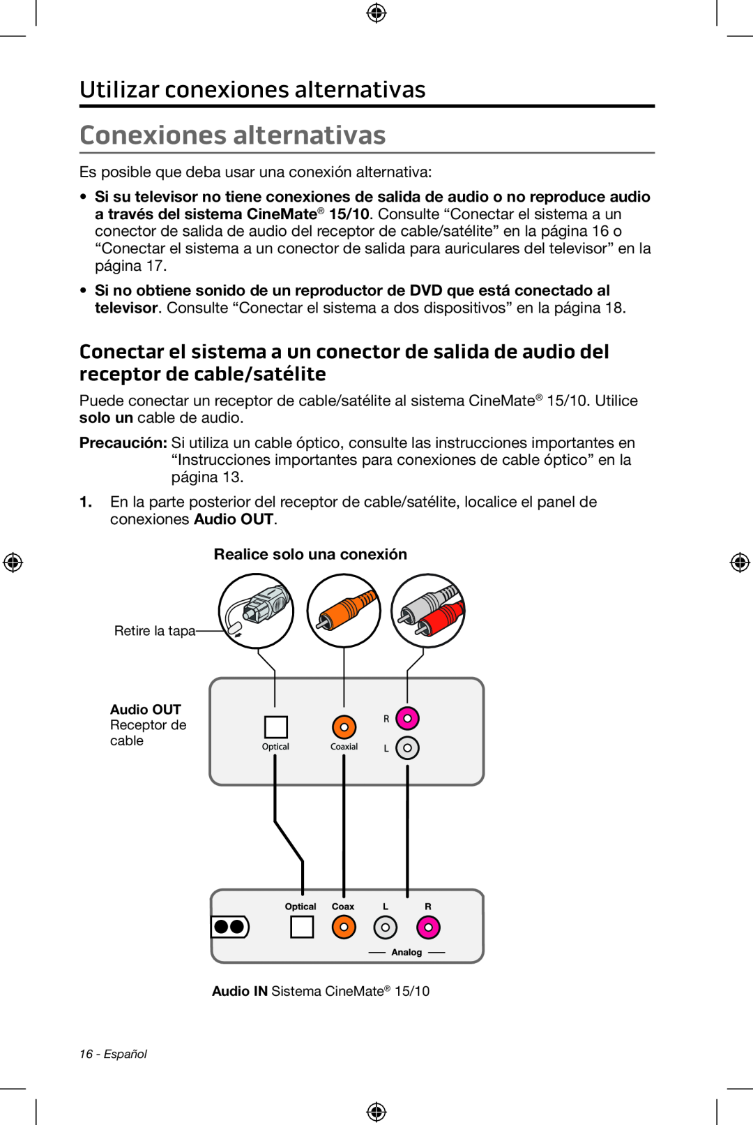 Bose CineMate 15/10 manual Conexiones alternativas, Utilizar conexiones alternativas 