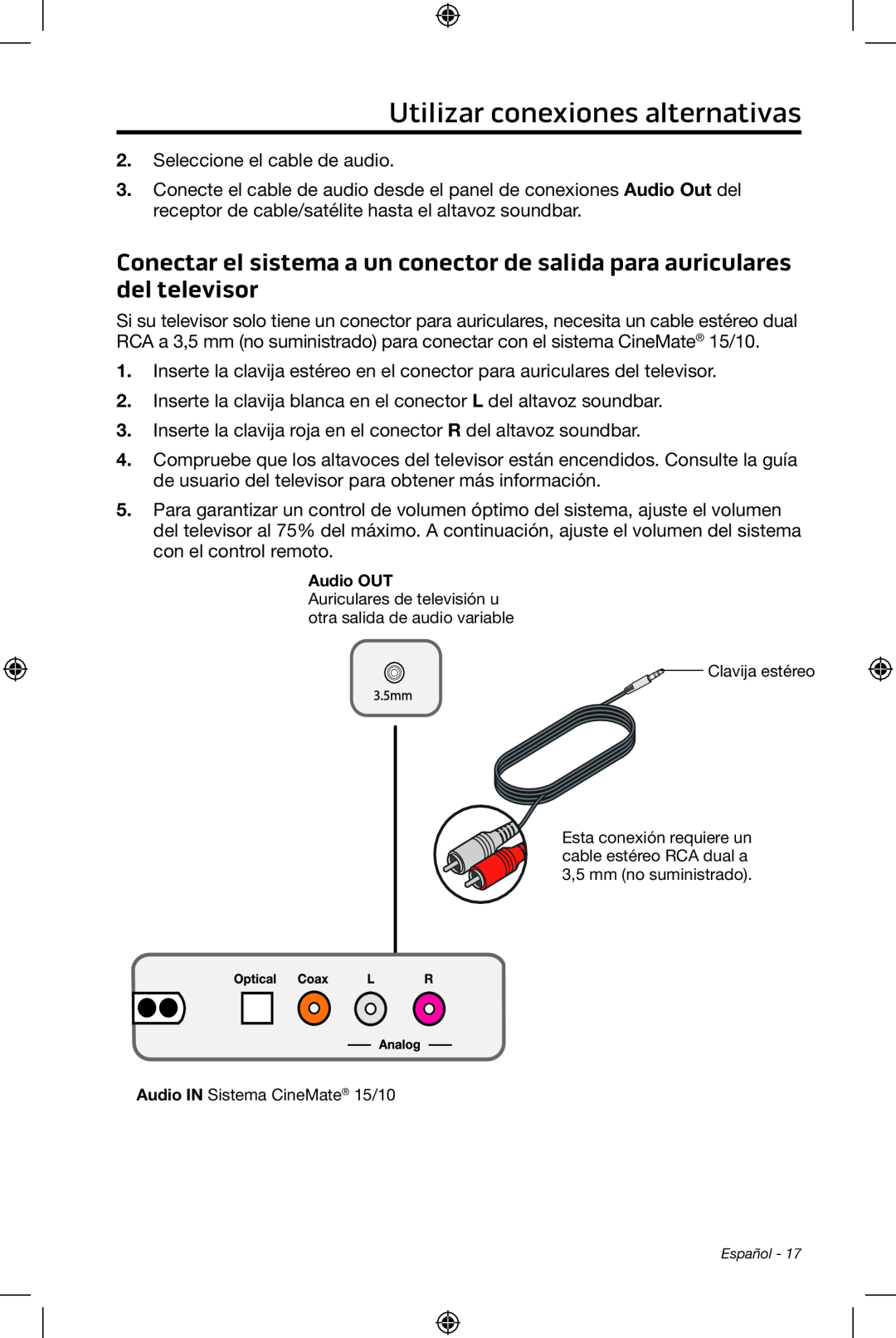 Bose CineMate 15/10 manual Utilizar conexiones alternativas, Seleccione el cable de audio 