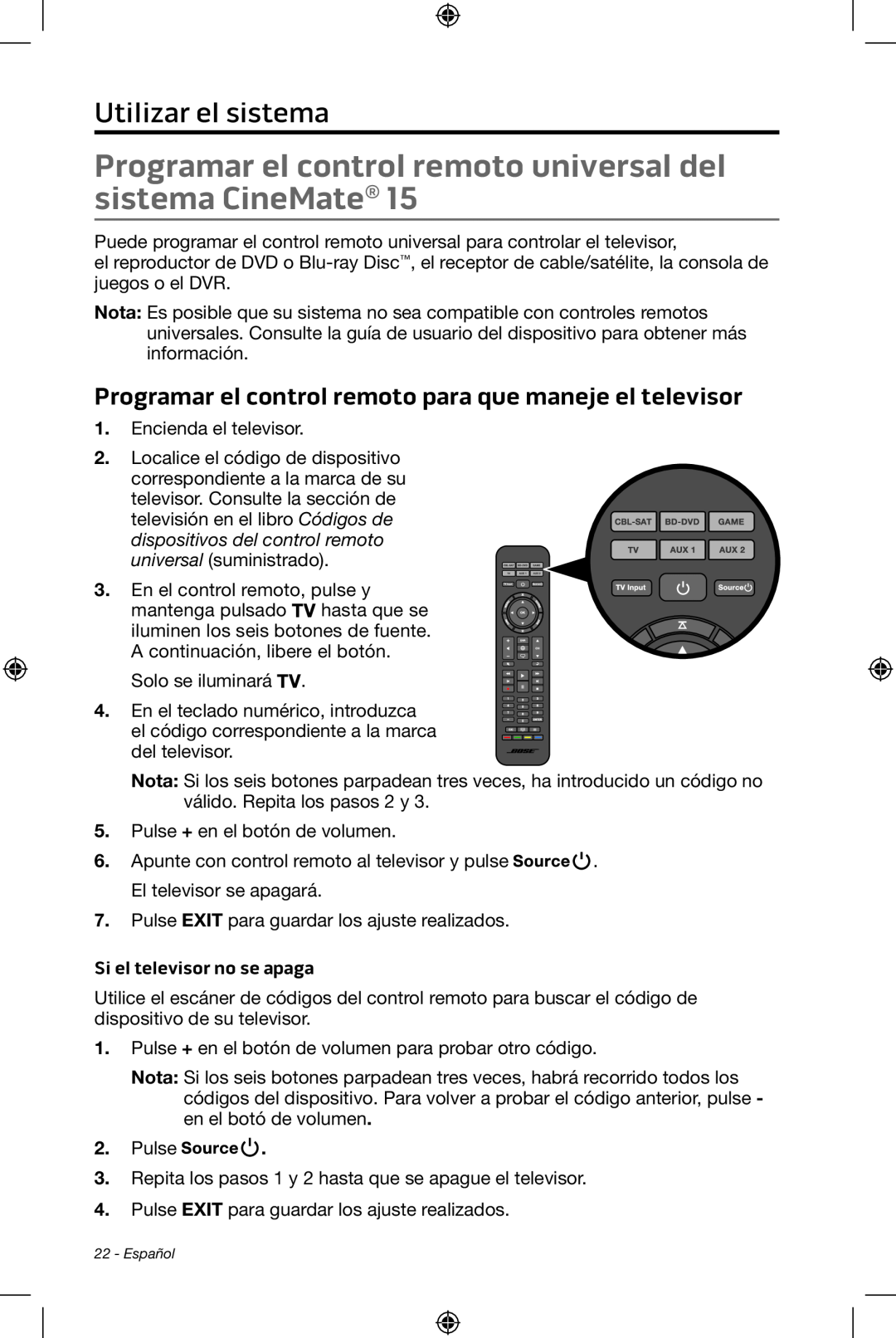 Bose CineMate 15/10 manual Utilizar el sistema, Si el televisor no se apaga 