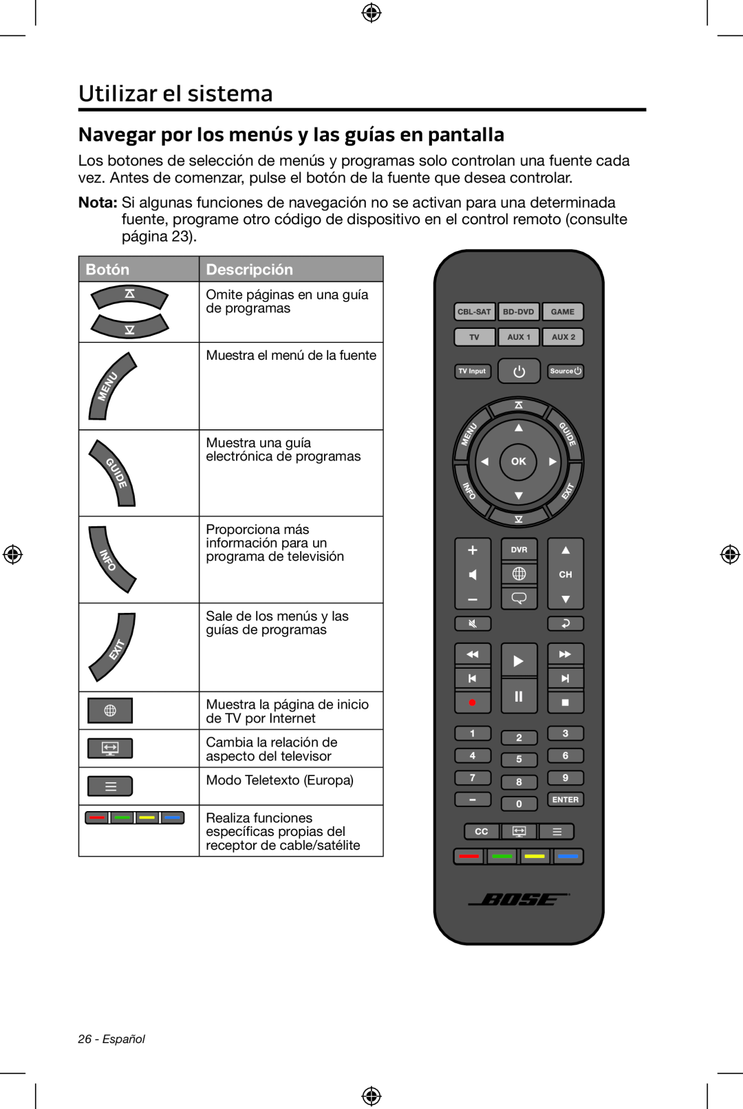 Bose CineMate 15/10 manual Utilizar el sistema, Navegar por los menús y las guías en pantalla, Botón, Descripción 