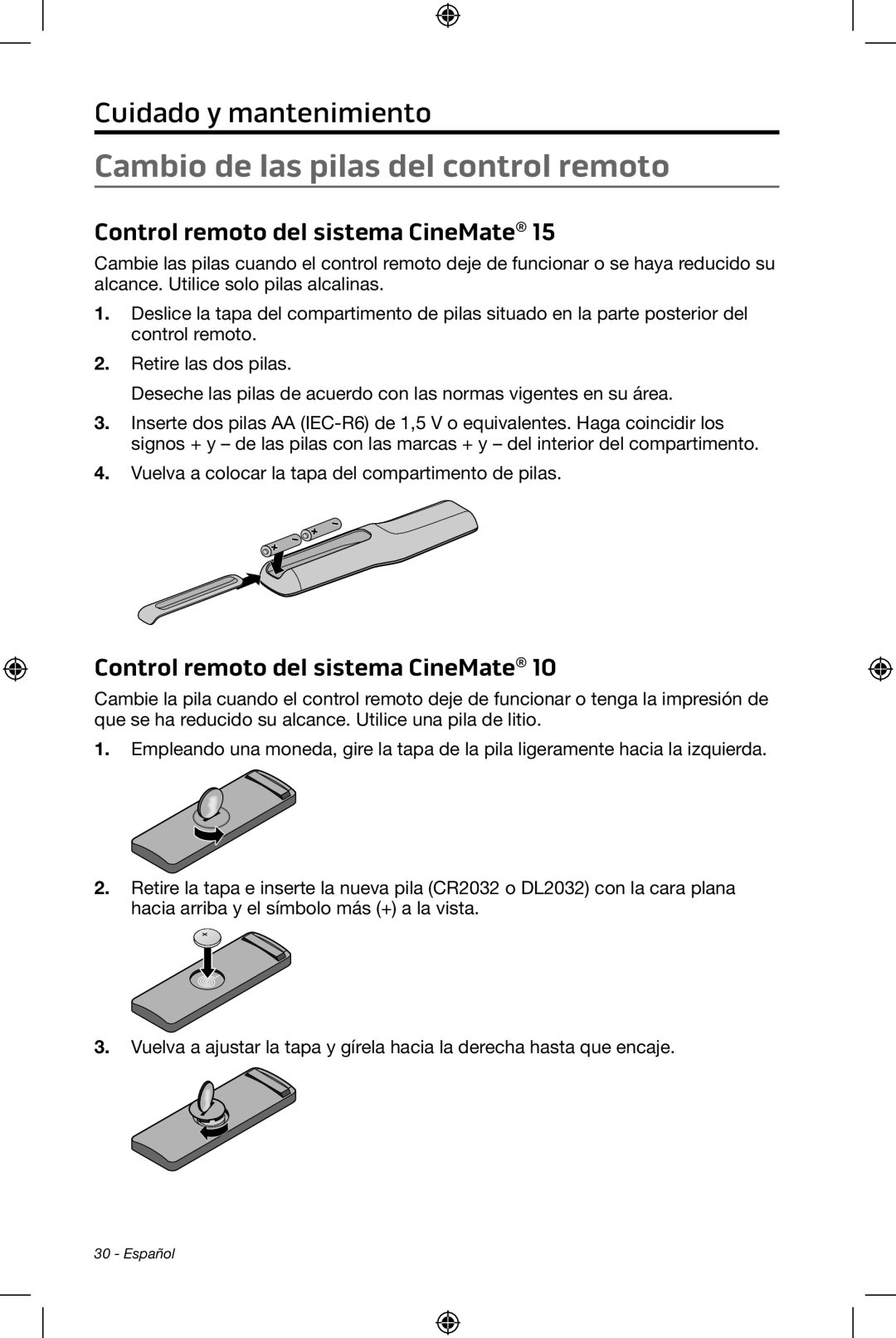Bose CineMate 15/10 Cambio de las pilas del control remoto, Cuidado y mantenimiento, Control remoto del sistema CineMate 