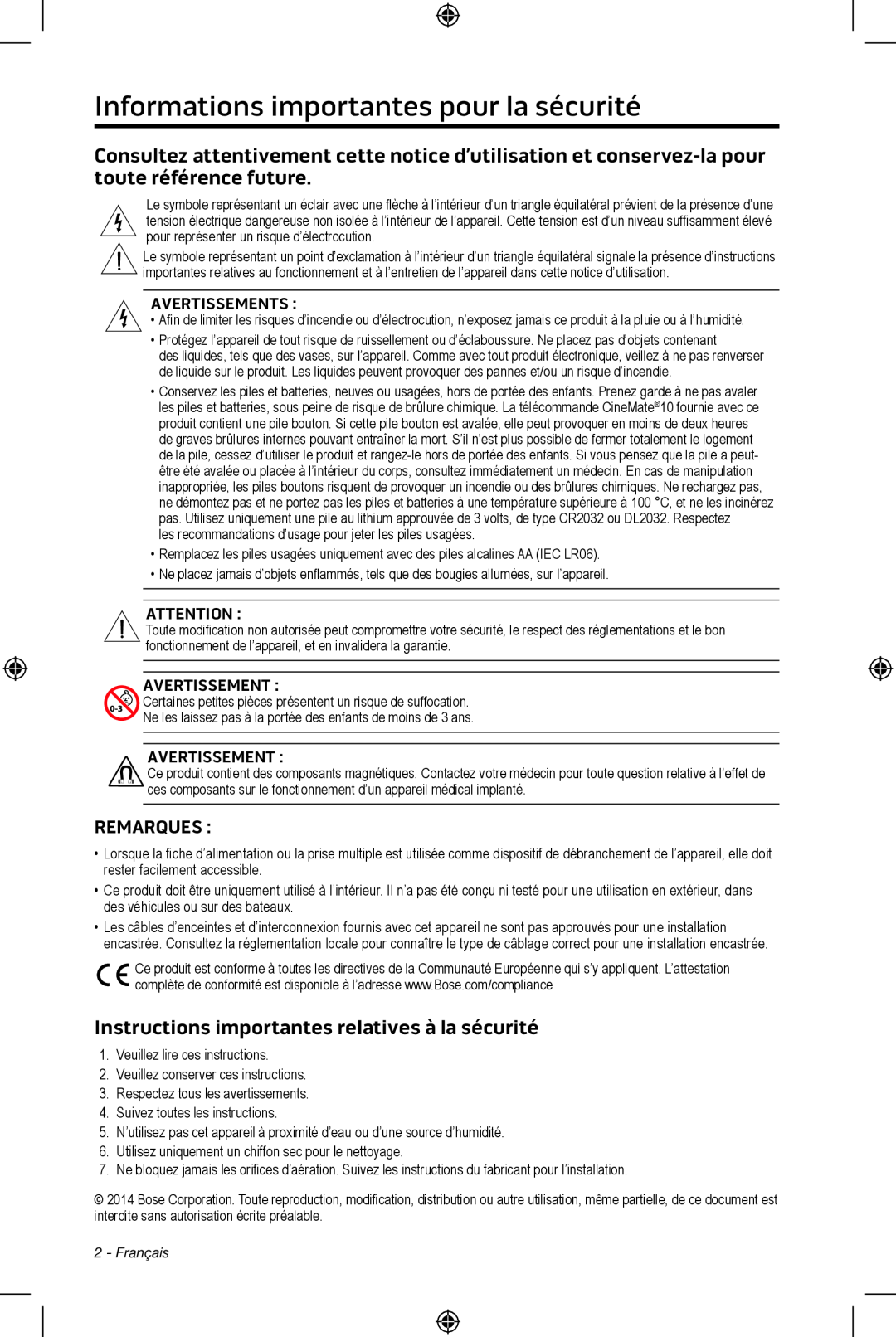 Bose CineMate 15/10 manual Informations importantes pour la sécurité, Instructions importantes relatives à la sécurité 