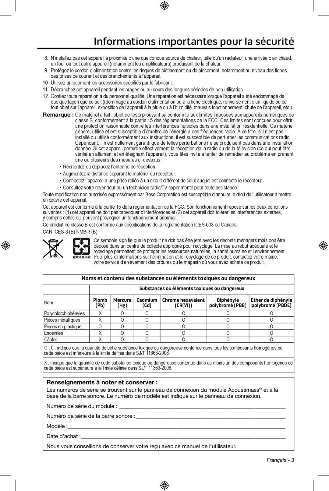 Bose CineMate 15/10 manual Informations importantes pour la sécurité, Renseignements à noter et conserver 
