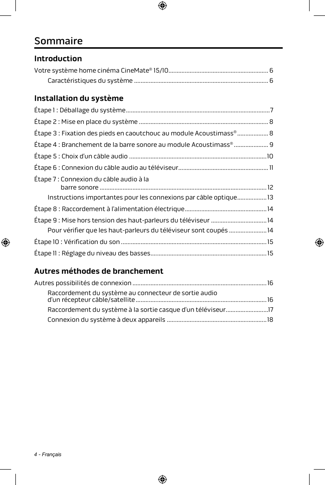 Bose CineMate 15/10 manual Sommaire, Introduction, Installation du système, Autres méthodes de branchement 