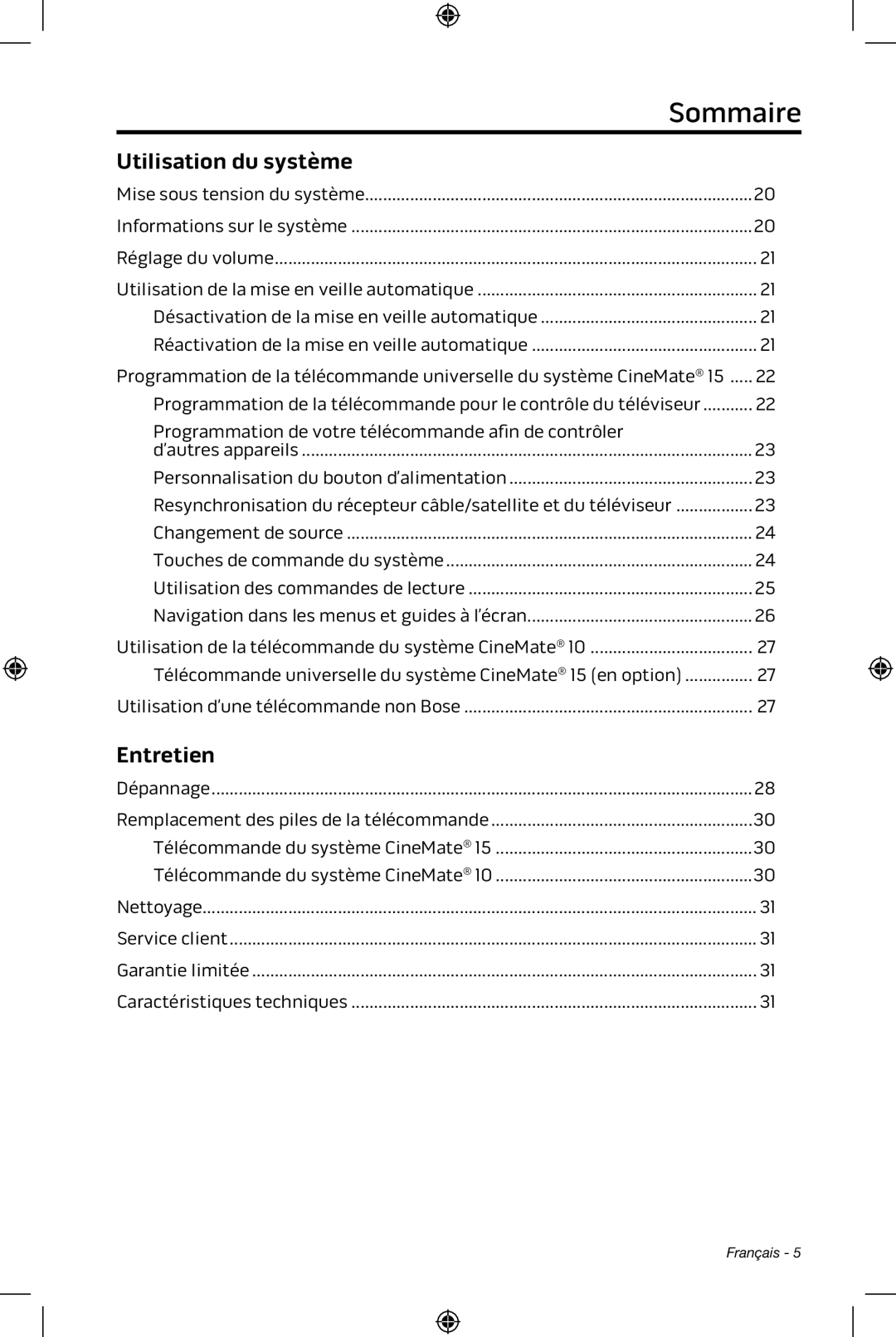 Bose CineMate 15/10 manual Sommaire, Utilisation du système, Entretien 