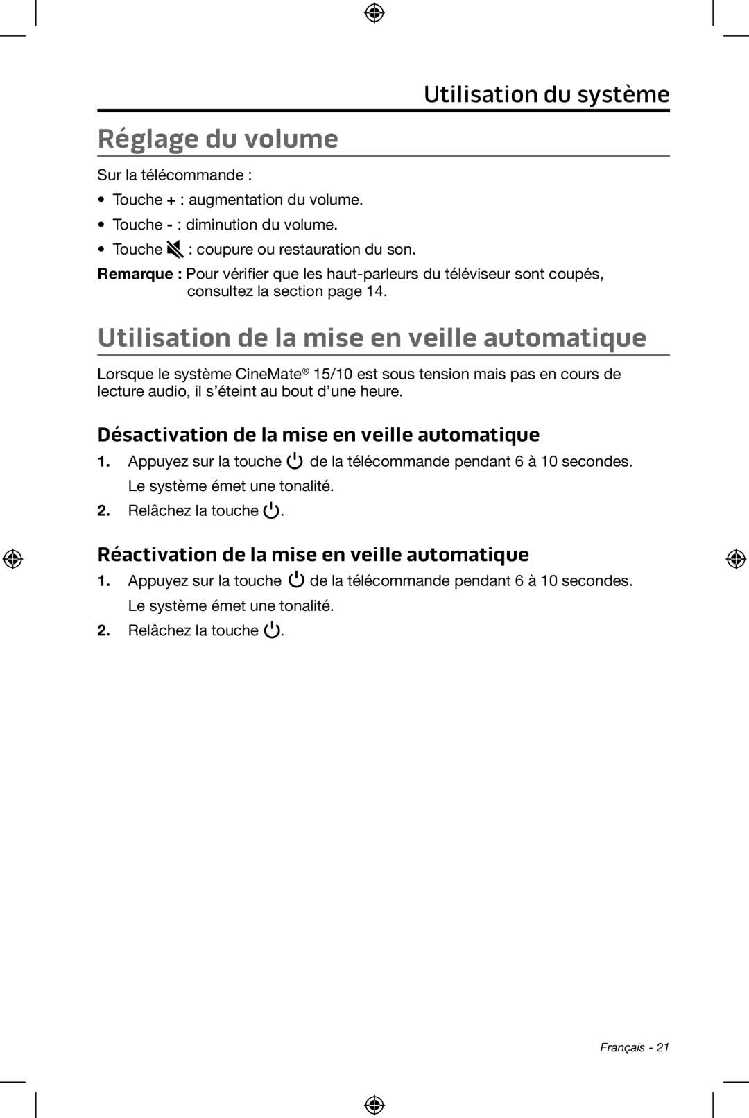 Bose CineMate 15/10 manual Réglage du volume, Utilisation de la mise en veille automatique, Utilisation du système 