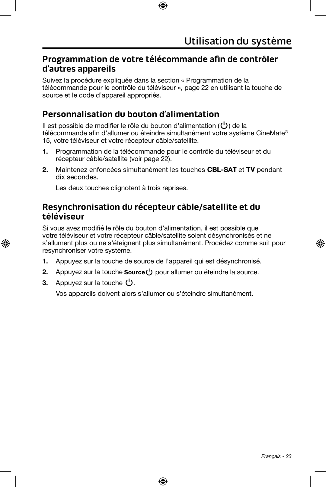 Bose CineMate 15/10 manual Utilisation du système, Personnalisation du bouton d’alimentation 