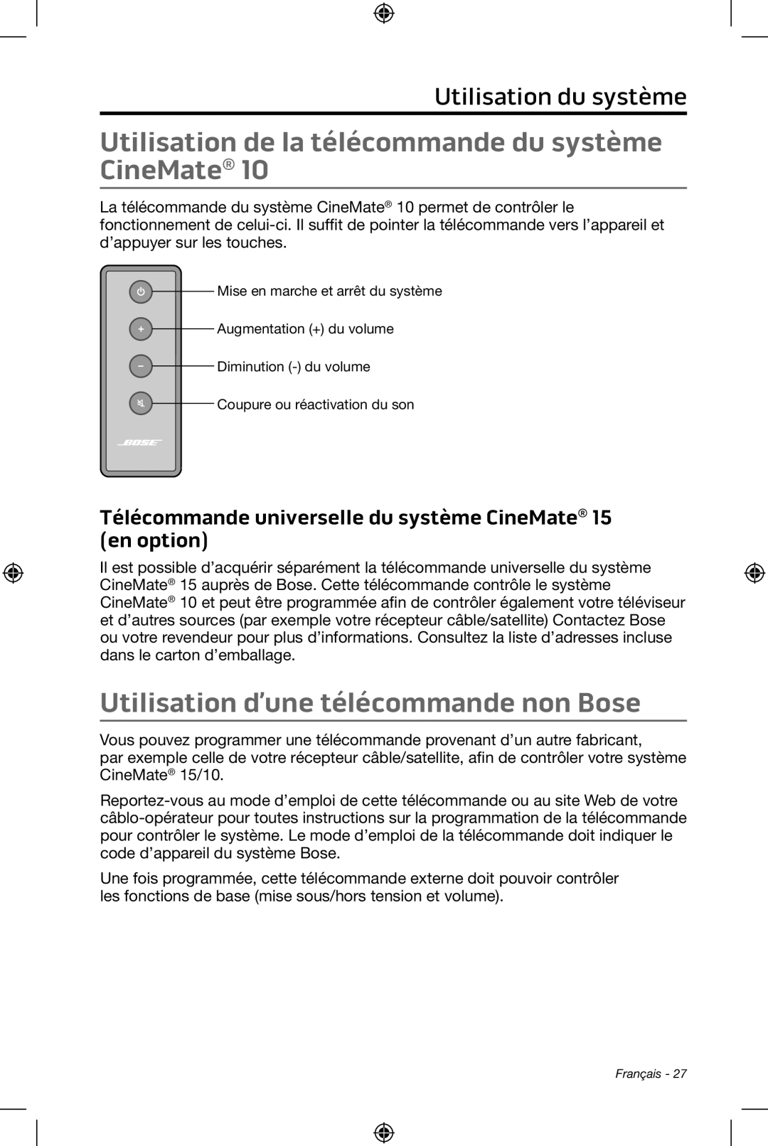 Bose CineMate 15/10 Utilisation d’une télécommande non Bose, Utilisation du système, Mise en marche et arrêt du système 