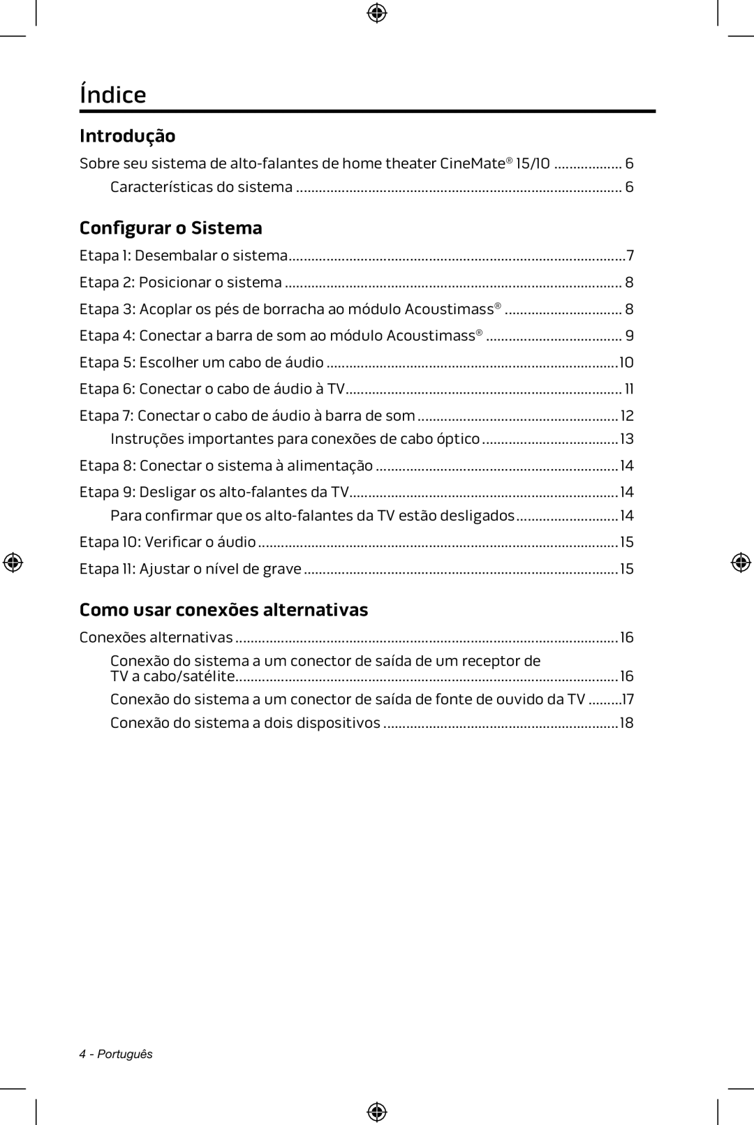 Bose CineMate 15/10 manual Índice, Introdução, Configurar o Sistema, Como usar conexões alternativas 