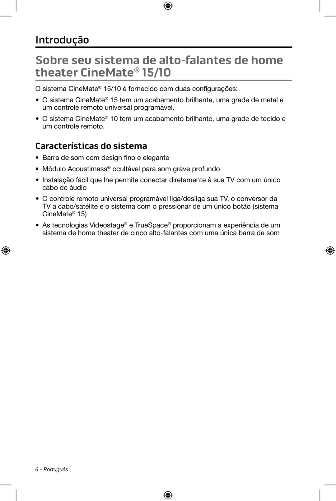 Bose CineMate 15/10 manual Introdução, Características do sistema 