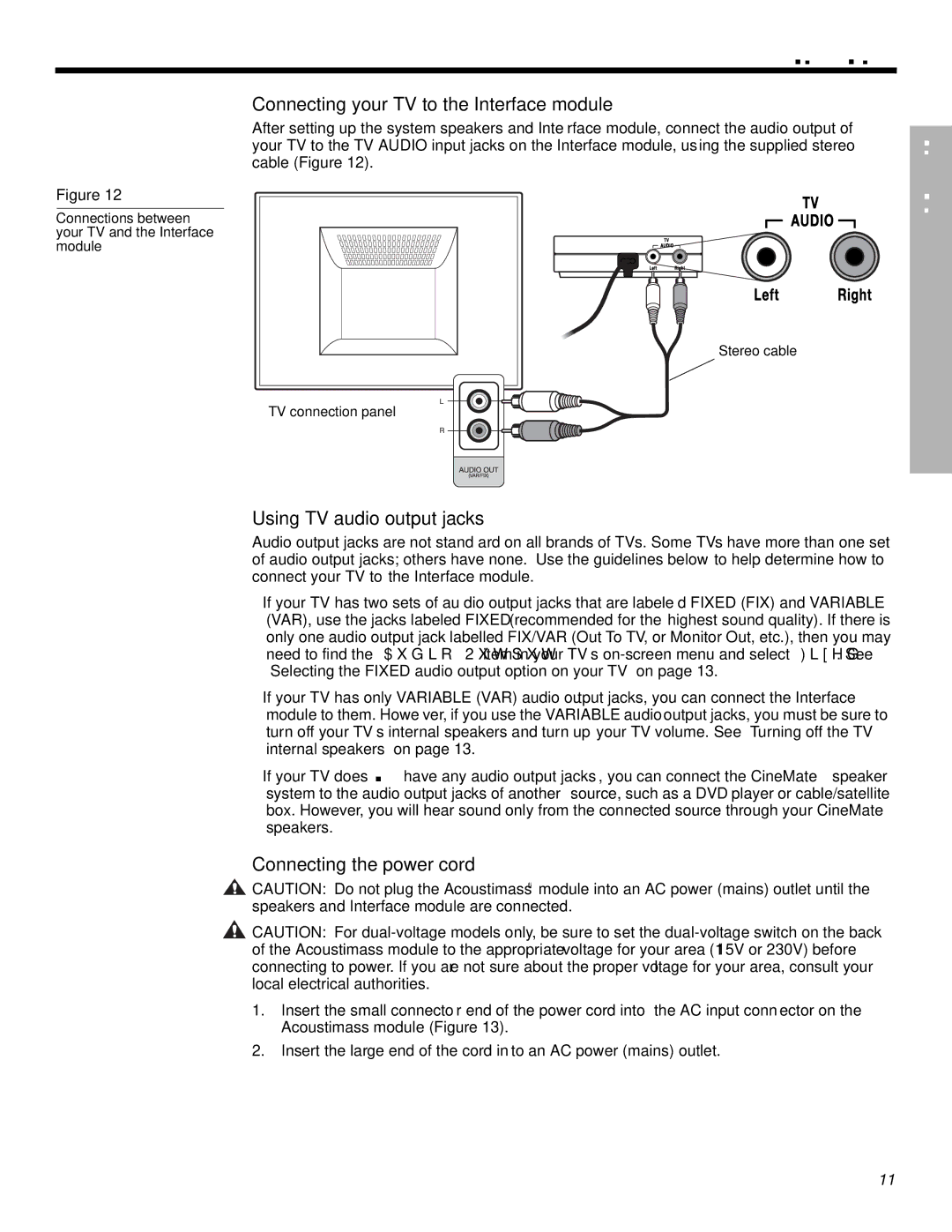 Bose Cinemate Digital Home Theater Speaker System Connecting your TV to the Interface module, Using TV audio output jacks 